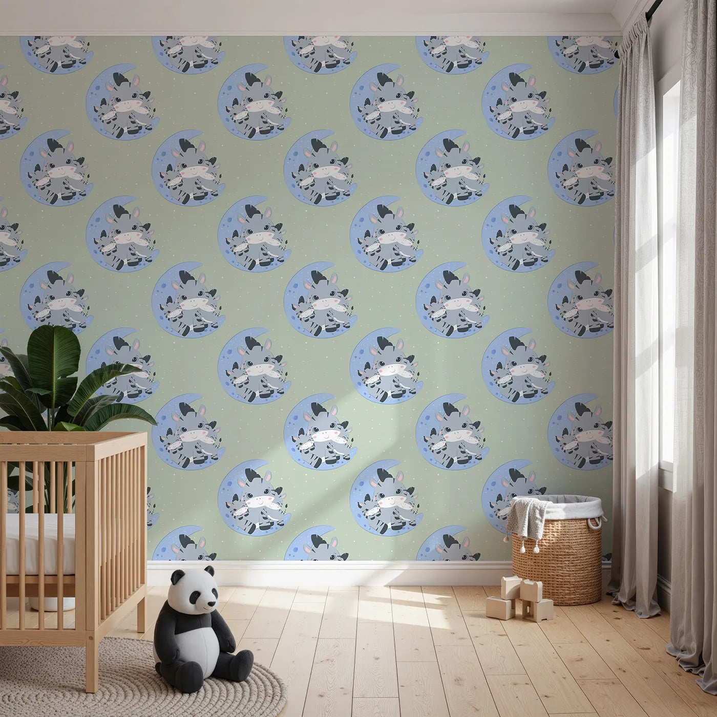 Front view of Whimsy Tots' Moon Cuddles Zebra Wallpaper in Green