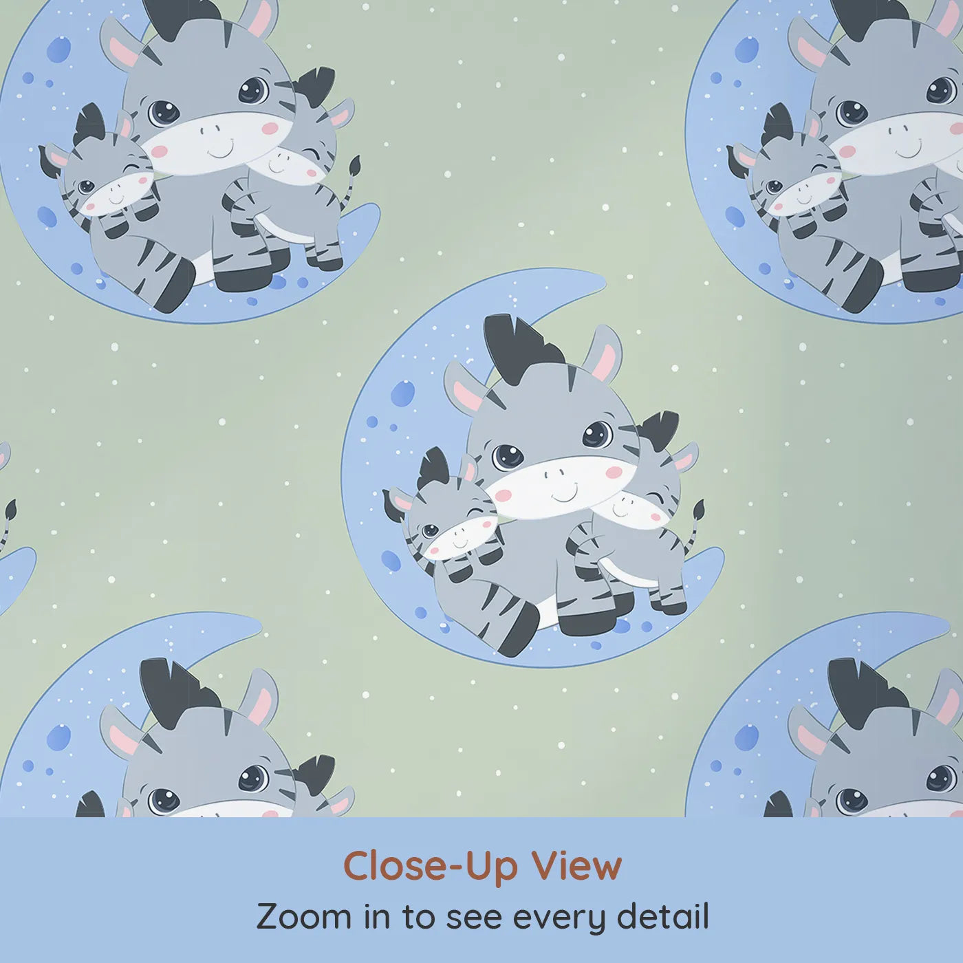 Close-up view of Whimsy Tots' Moon Cuddles Zebra Wallpaper in Green (W3031C).A sleepy trio of zebras brings calm under the moonlight.