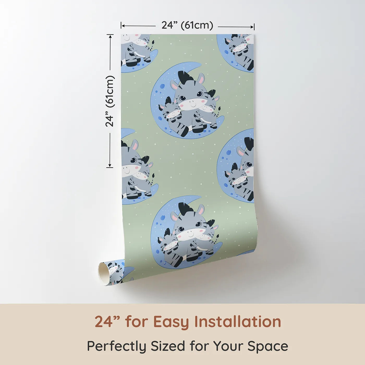 Dimension view of Whimsy Tots Moon Cuddles Zebra Wallpaper in Green (W3031C). Printed in 24-inch-wide panel for easy installation. A sleepy trio of zebras brings calm under the moonlight.