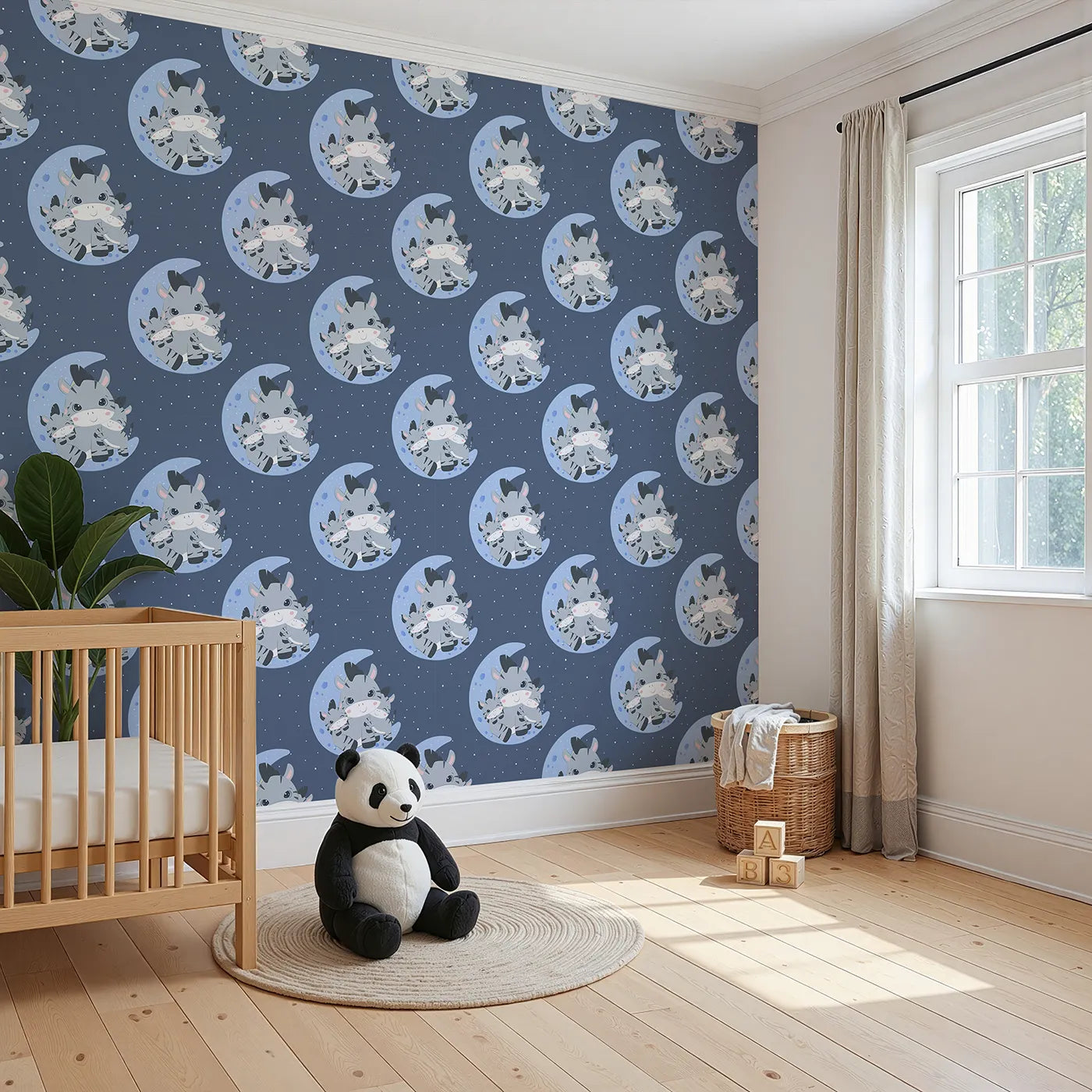 Angled view of Whimsy Tots' Moon Cuddles Zebra Wallpaper in Steel Blue (W3031D).A sleepy trio of zebras brings calm under the moonlight.