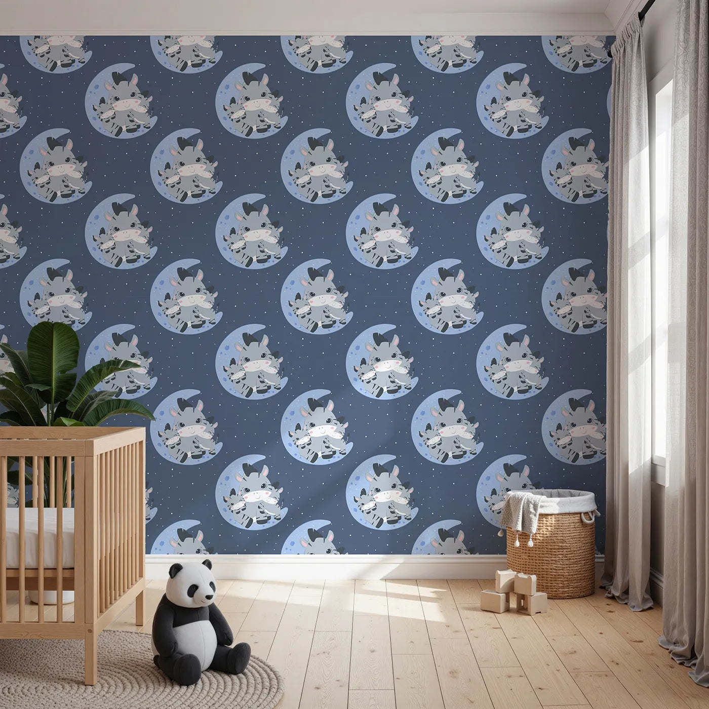 Front view of Whimsy Tots' Moon Cuddles Zebra Wallpaper in Steel Blue