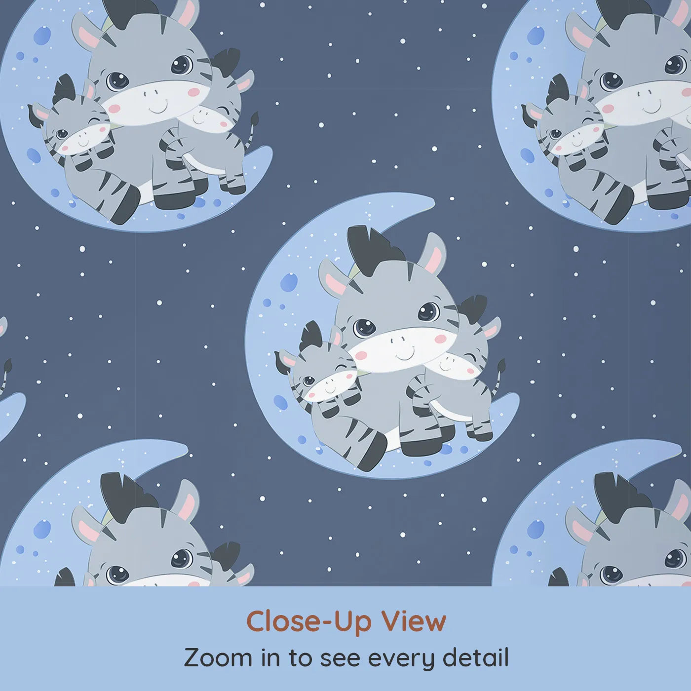 Close-up view of Whimsy Tots' Moon Cuddles Zebra Wallpaper in Steel Blue (W3031D).A sleepy trio of zebras brings calm under the moonlight.