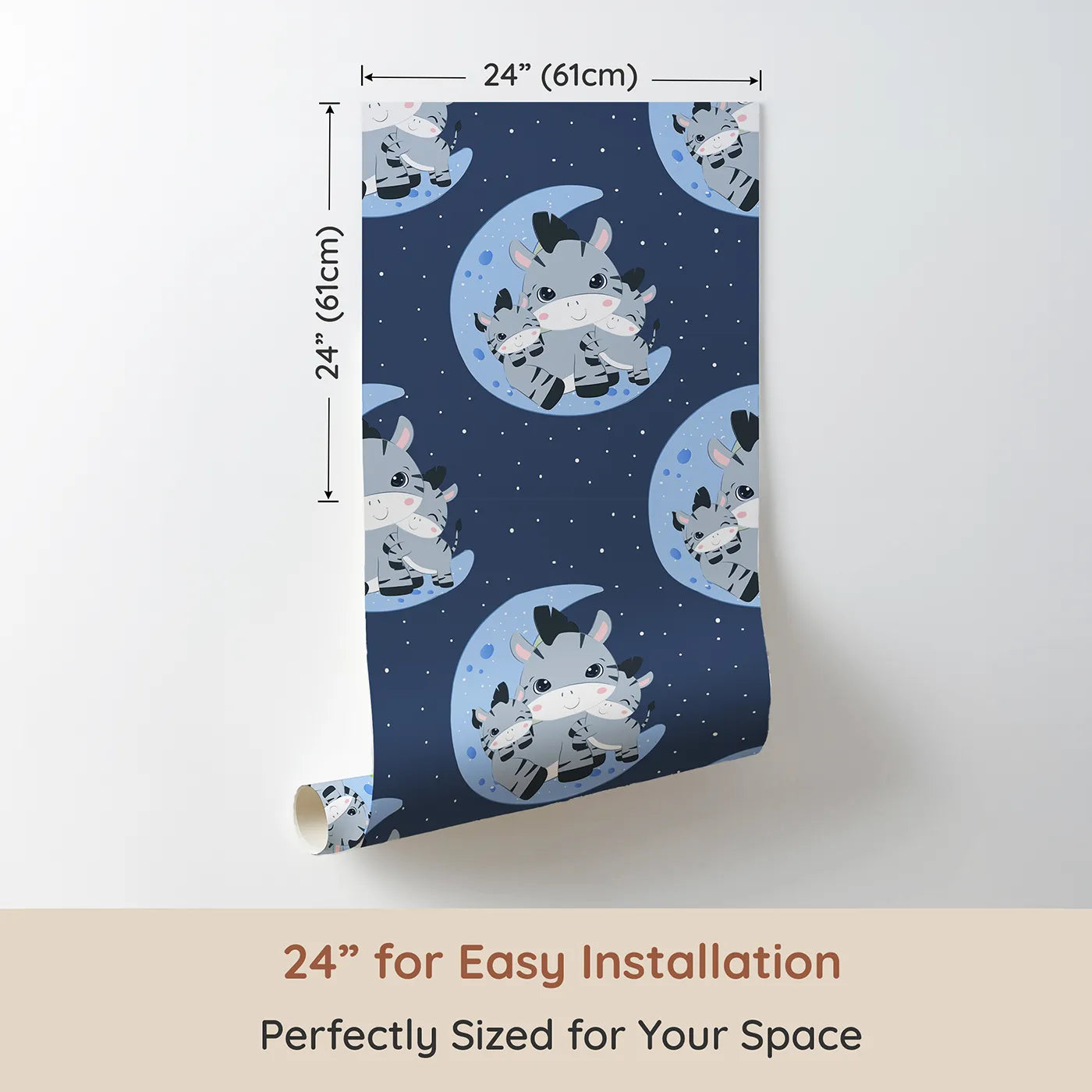 Dimension view of Whimsy Tots Moon Cuddles Zebra Wallpaper in Steel Blue (W3031D). Printed in 24-inch-wide panel for easy installation. A sleepy trio of zebras brings calm under the moonlight.