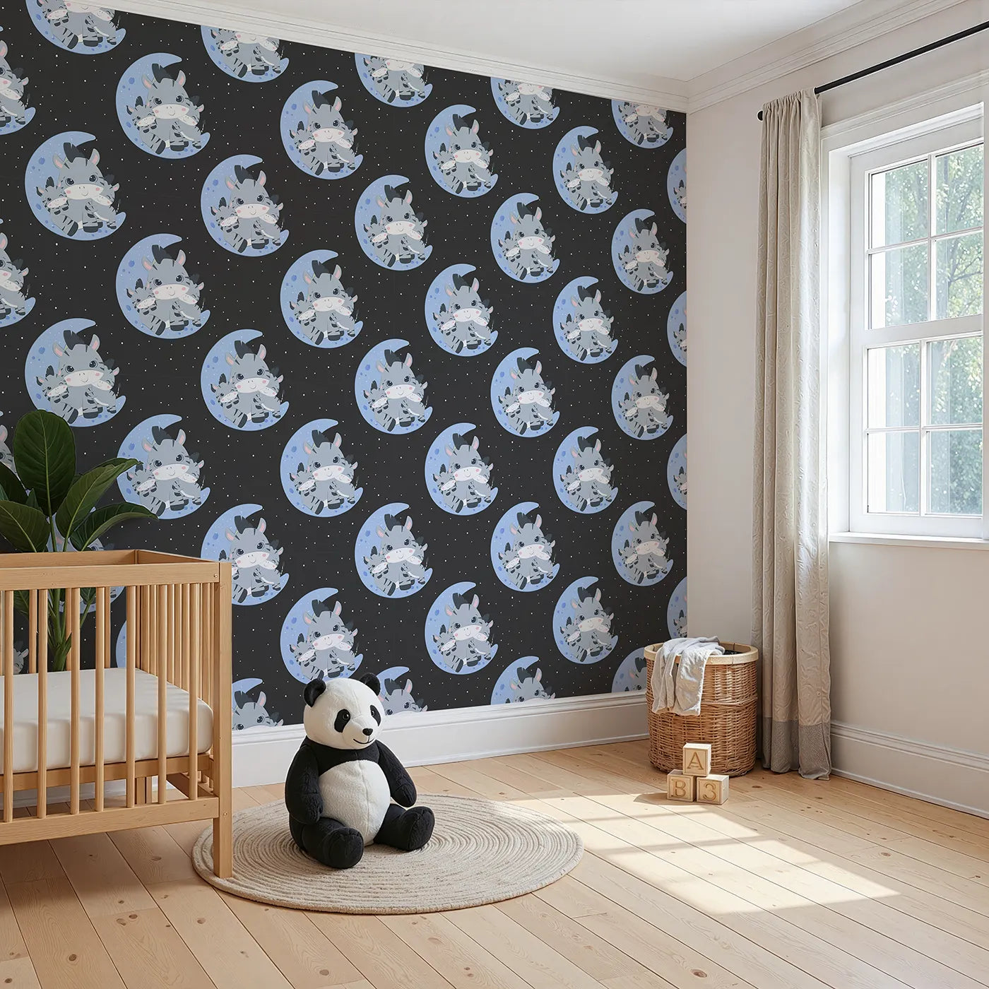 Angled view of Whimsy Tots' Moon Cuddles Zebra Wallpaper in Lavender (W3031E).A sleepy trio of zebras brings calm under the moonlight.