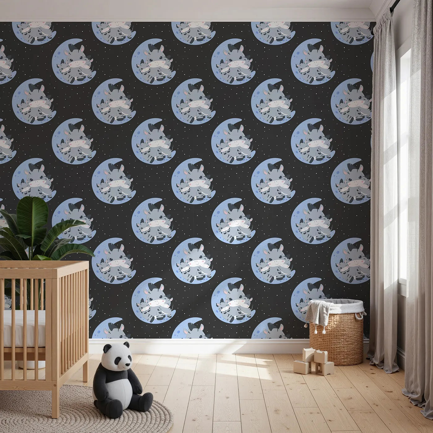 Front view of Whimsy Tots' Moon Cuddles Zebra Wallpaper in Lavender