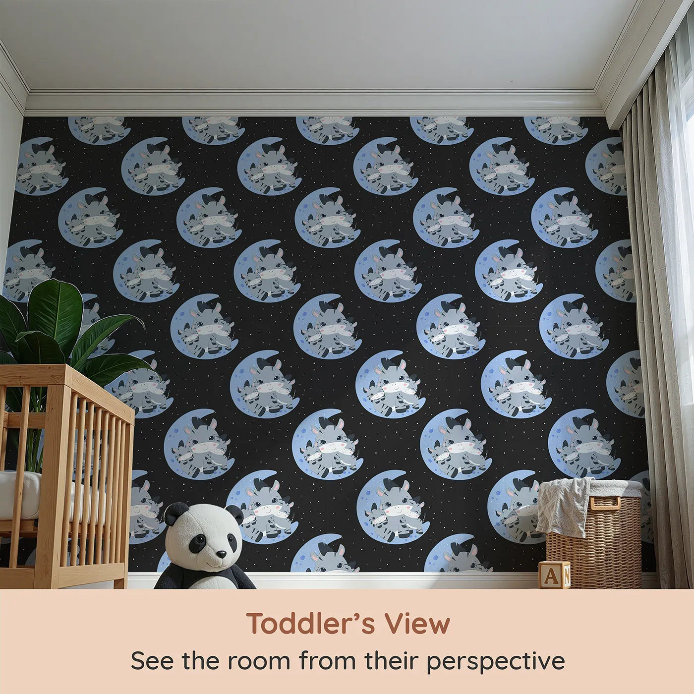 Whimsy Tots Moon Cuddles Zebra Wallpaper in Lavender (W3031E) from your child's view.A sleepy trio of zebras brings calm under the moonlight.