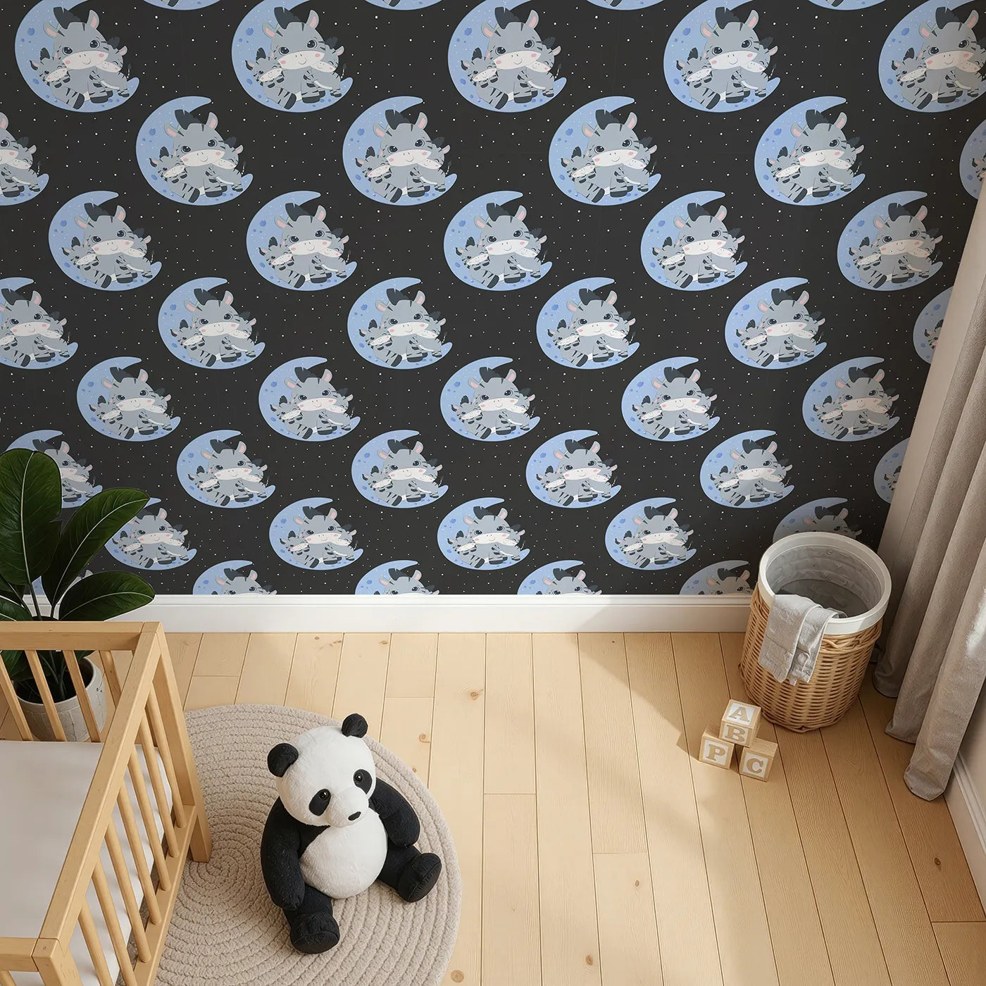 Top-Down view of Whimsy Tots' Moon Cuddles Zebra Wallpaper in Lavender (W3031E).A sleepy trio of zebras brings calm under the moonlight.