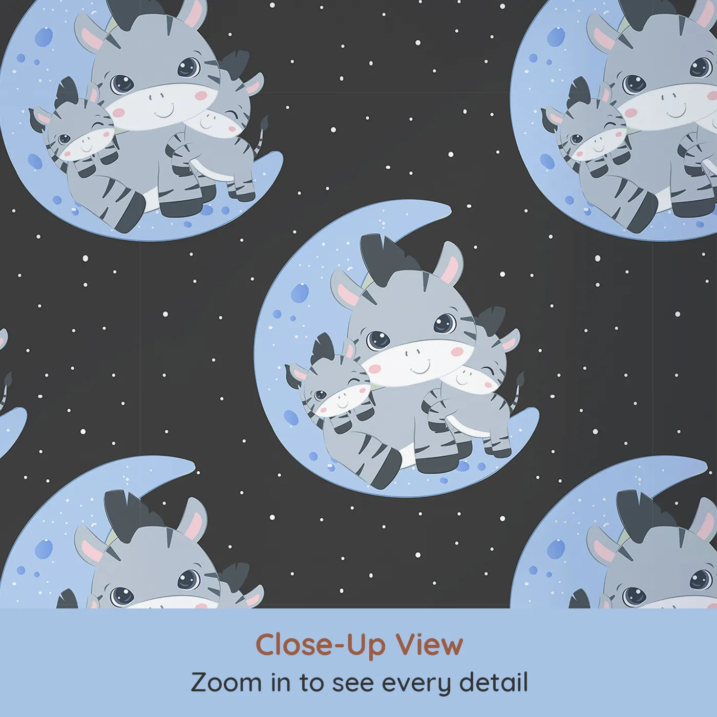 Close-up view of Whimsy Tots' Moon Cuddles Zebra Wallpaper in Lavender (W3031E).A sleepy trio of zebras brings calm under the moonlight.