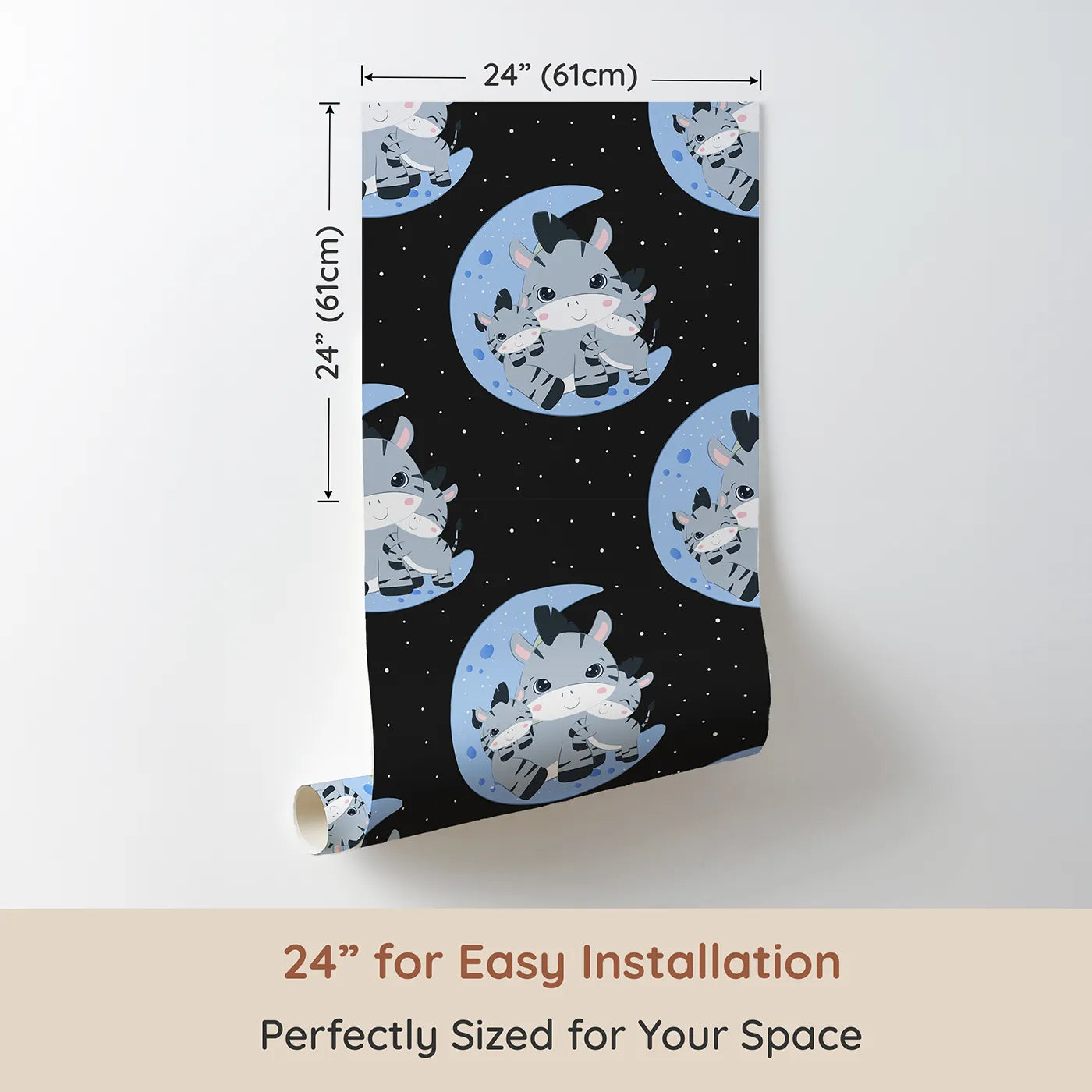 Dimension view of Whimsy Tots Moon Cuddles Zebra Wallpaper in Lavender (W3031E). Printed in 24-inch-wide panel for easy installation. A sleepy trio of zebras brings calm under the moonlight.