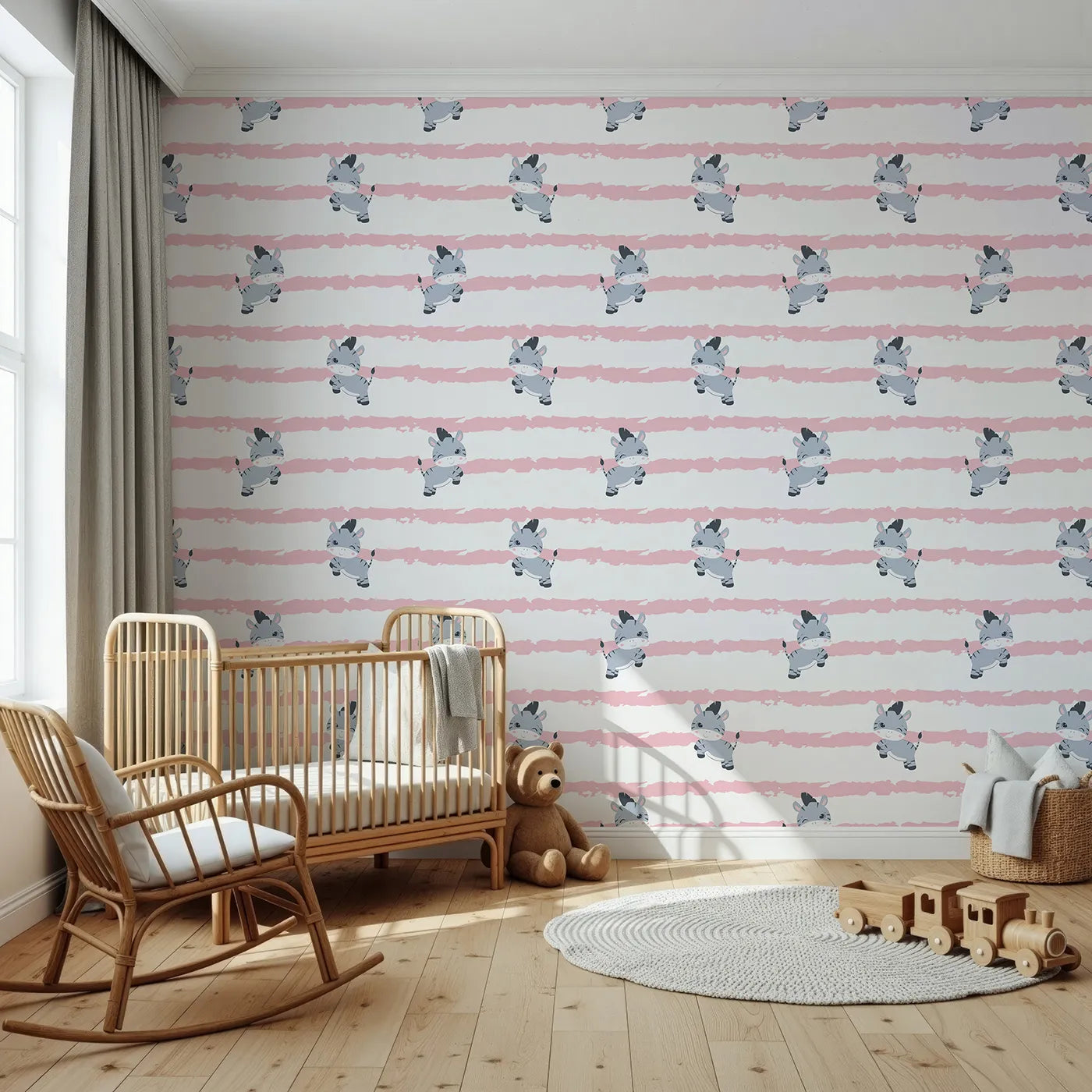 Front view of Whimsy Tots' Winkie the Zebra Wallpaper in Pink