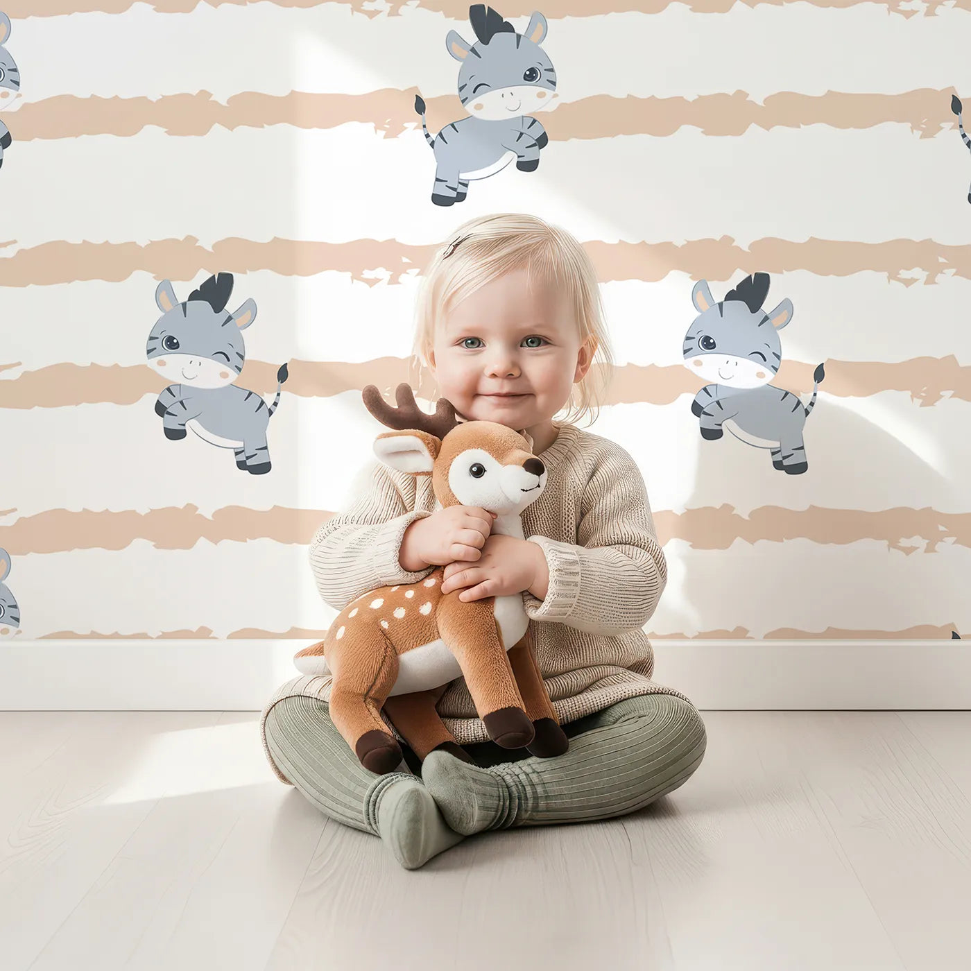 Lovely child standing in front of Whimsy Tots Winkie the Zebra Wallpaper in Beige with zebra, stripe in design.
