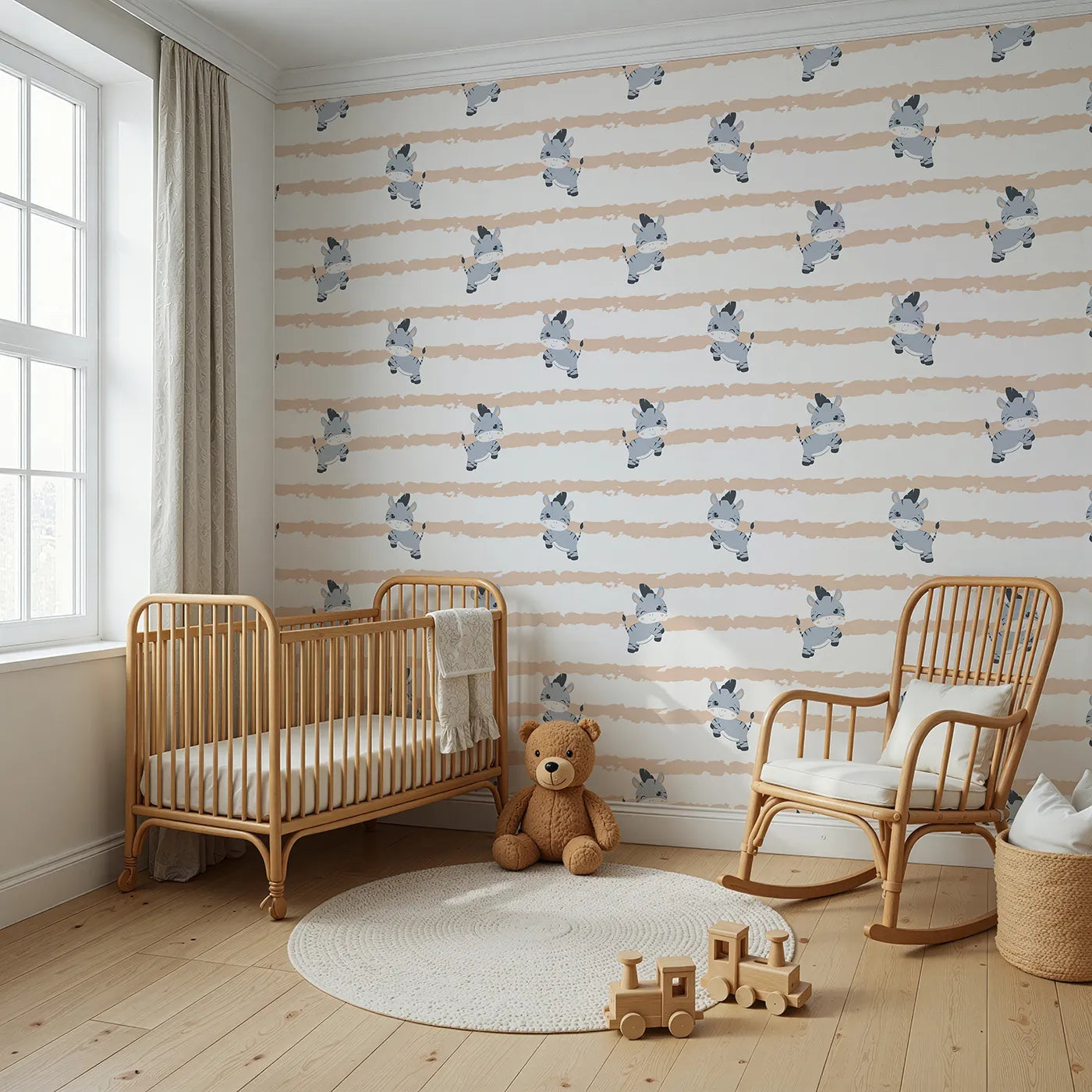 Angled view of Whimsy Tots' Winkie the Zebra Wallpaper in Beige (W3032B).Playful zebras and soft beige brushstrokes bring happy vibes to every wall.
