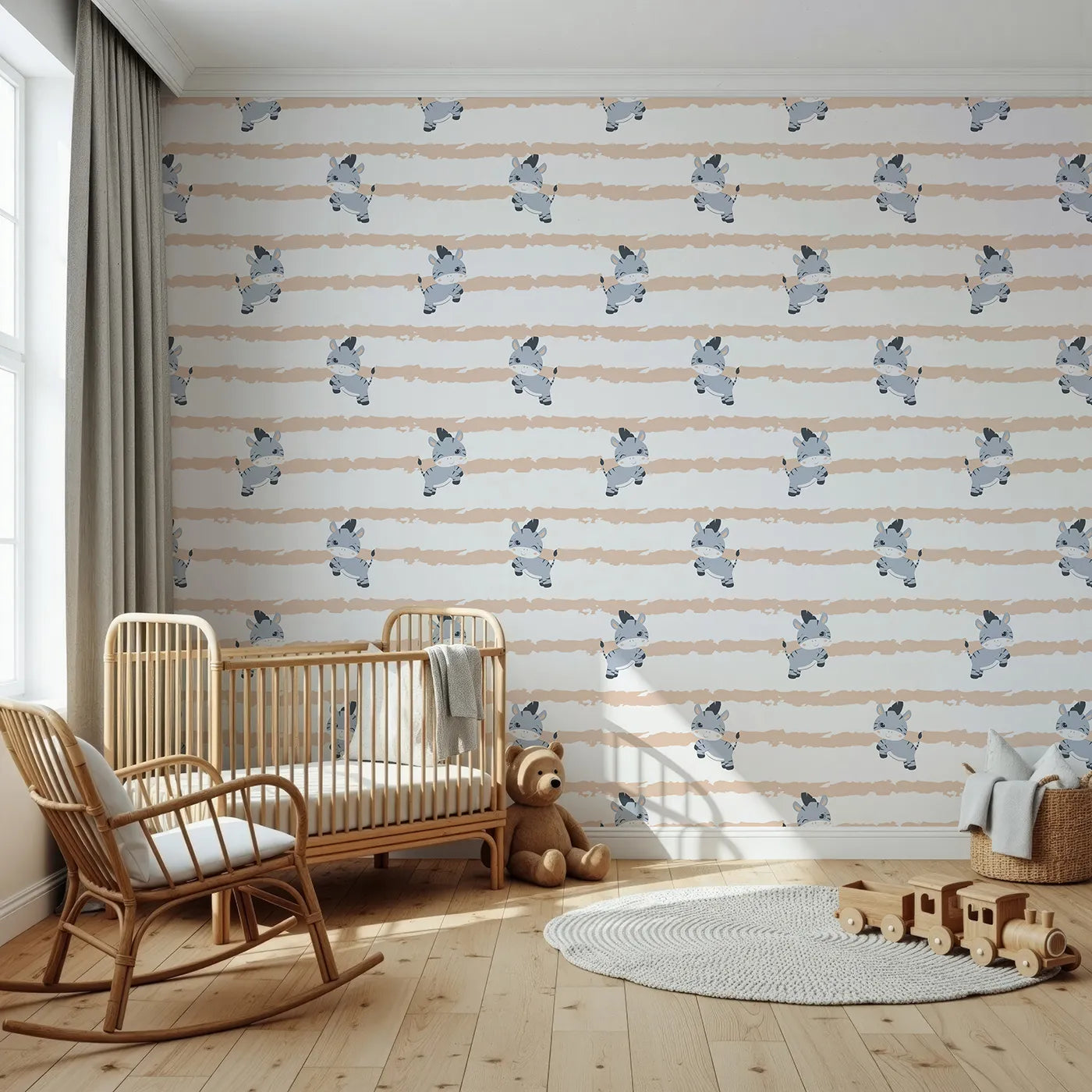 Front view of Whimsy Tots' Winkie the Zebra Wallpaper in Beige