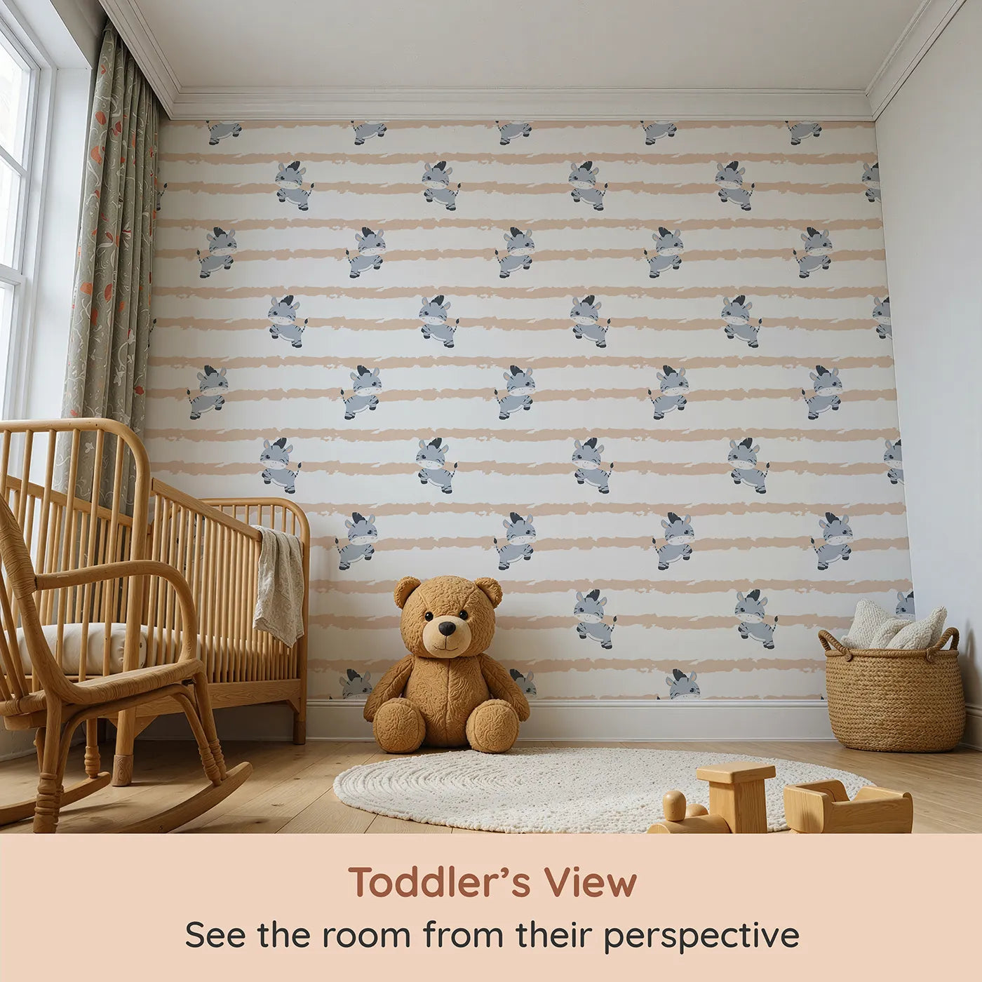 Whimsy Tots Winkie the Zebra Wallpaper in Beige (W3032B) from your child's view.Playful zebras and soft beige brushstrokes bring happy vibes to every wall.