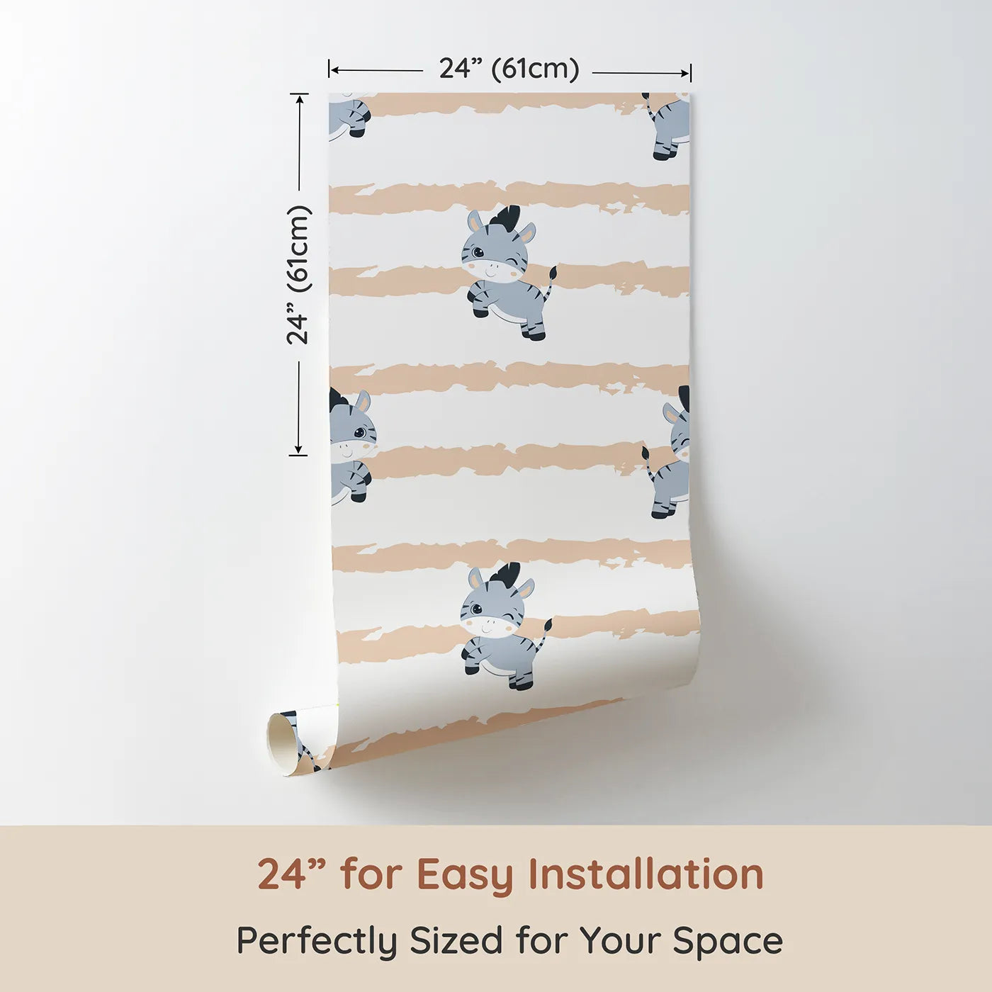 Dimension view of Whimsy Tots Winkie the Zebra Wallpaper in Beige (W3032B). Printed in 24-inch-wide panel for easy installation. Playful zebras and soft beige brushstrokes bring happy vibes to every wall.