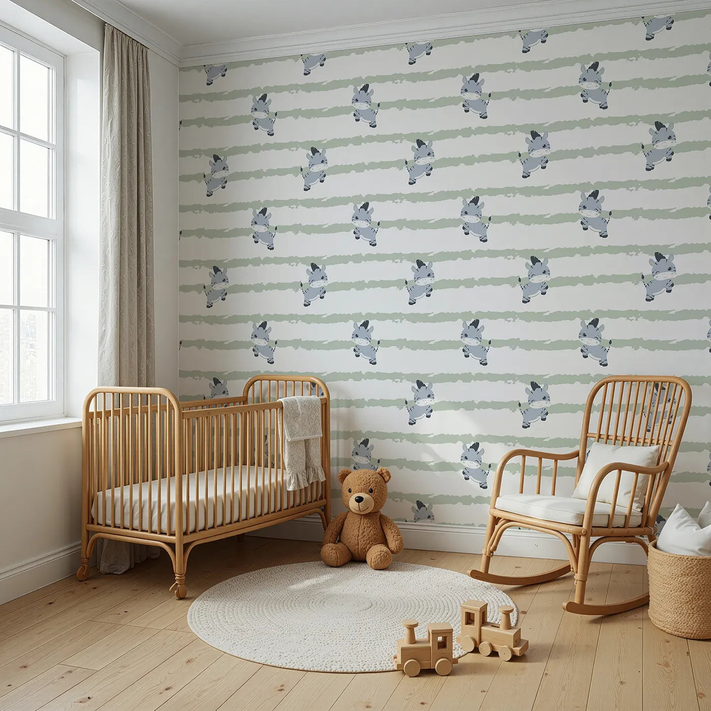 Angled view of Whimsy Tots' Winkie the Zebra Wallpaper in Sage Green (W3032C).Playful zebras and soft sage brushstrokes bring happy vibes to every wall.