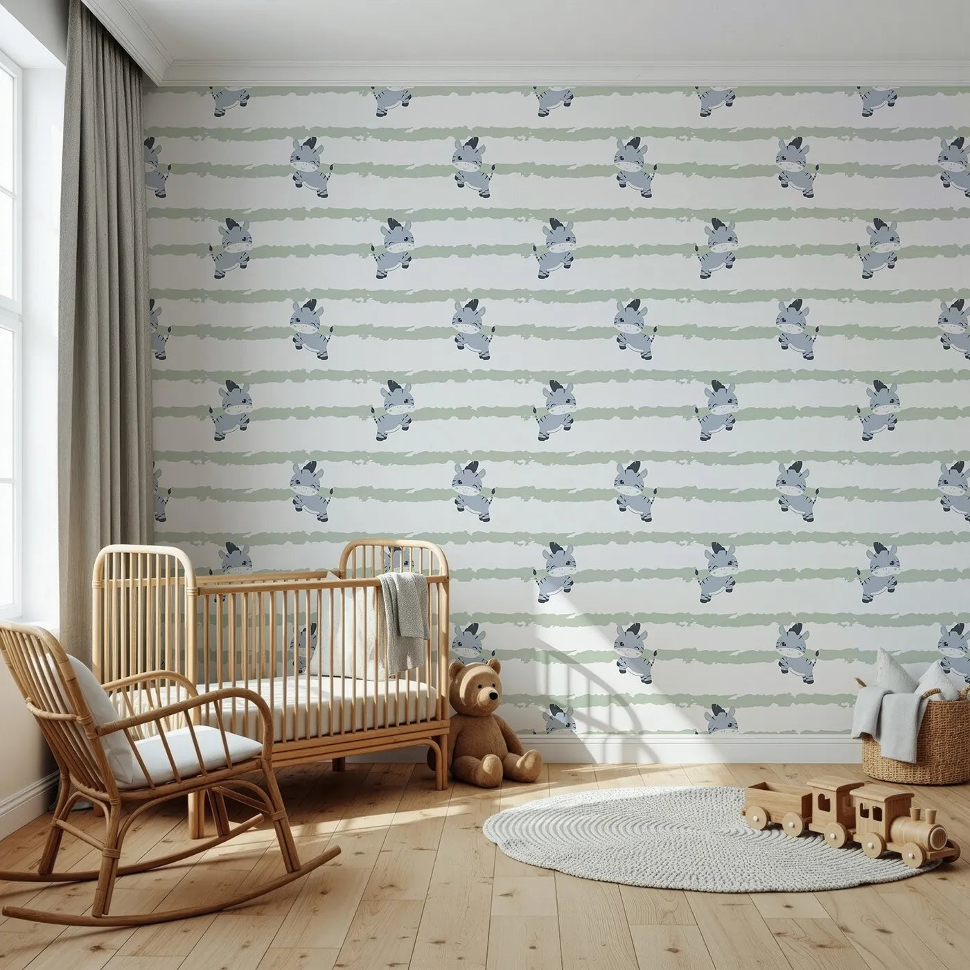 Front view of Whimsy Tots' Winkie the Zebra Wallpaper in Sage Green