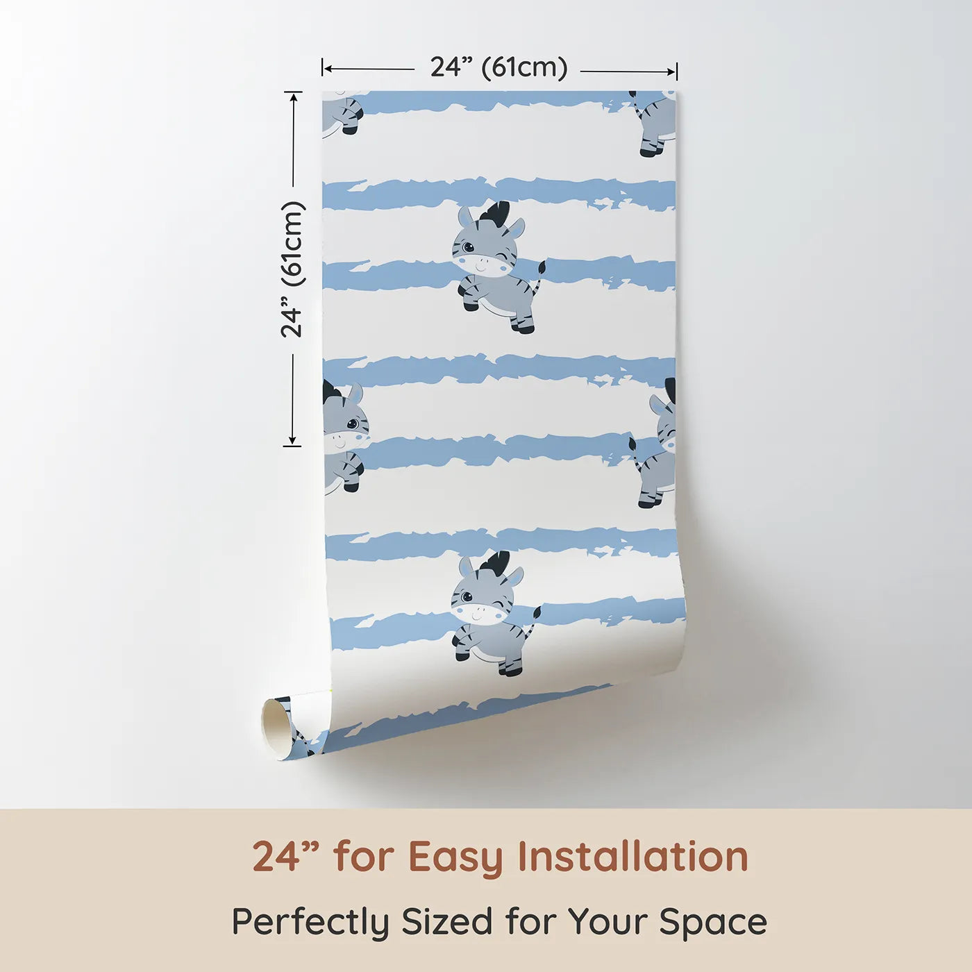 Dimension view of Whimsy Tots Winkie the Zebra Wallpaper in Blue (W3032D). Printed in 24-inch-wide panel for easy installation. Playful zebras and soft blue brushstrokes bring happy vibes to every wall.