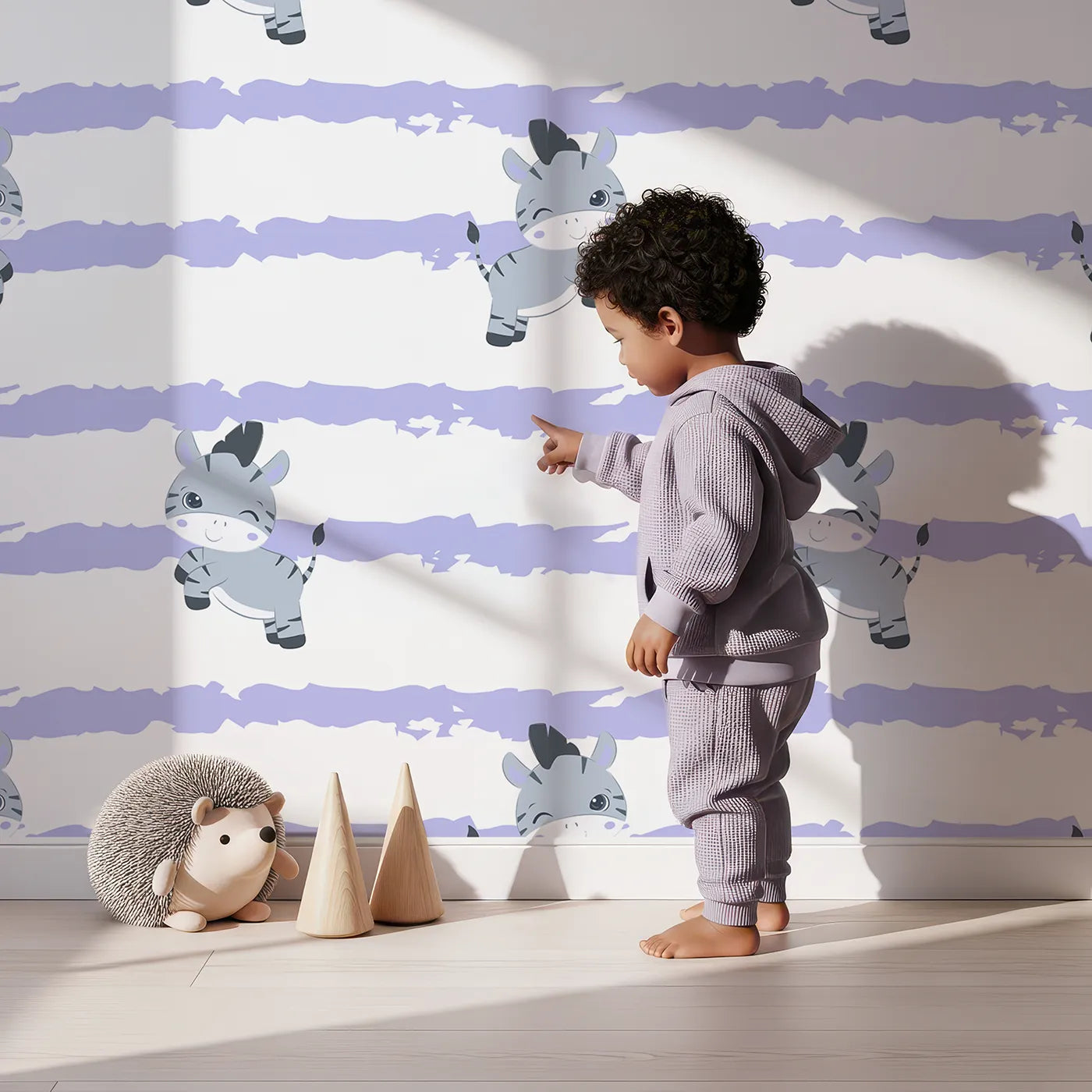 Lovely child standing in front of Whimsy Tots Winkie the Zebra Wallpaper in Purple with zebra, stripe in design.