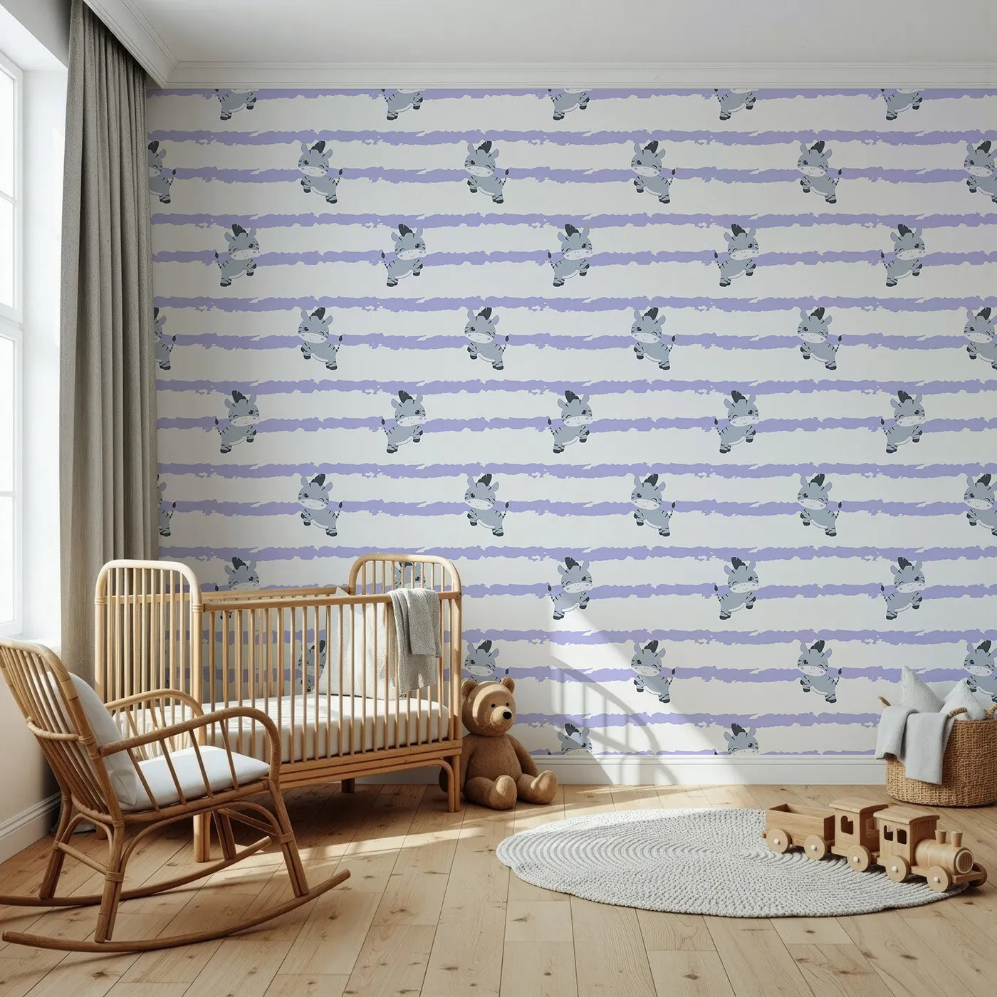 Front view of Whimsy Tots' Winkie the Zebra Wallpaper in Purple