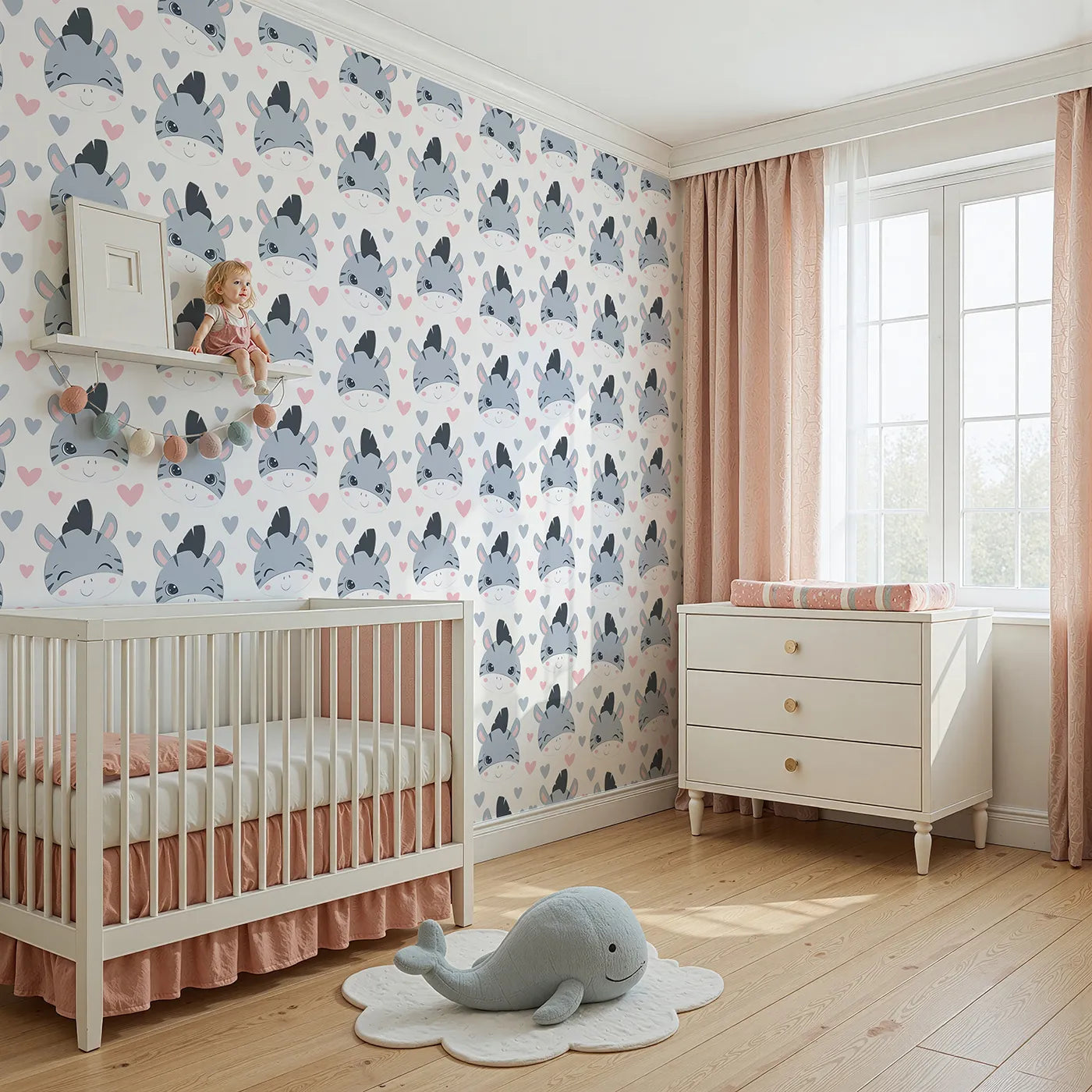 Angled view of Whimsy Tots' Zebra Snuggle Smiles Wallpaper in Pink (W3033A).Winking zebras and floating hearts create a world full of joy.