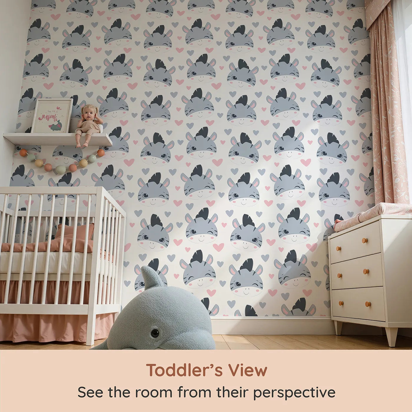 Whimsy Tots Zebra Snuggle Smiles Wallpaper in Pink (W3033A) from your child's view.Winking zebras and floating hearts create a world full of joy.