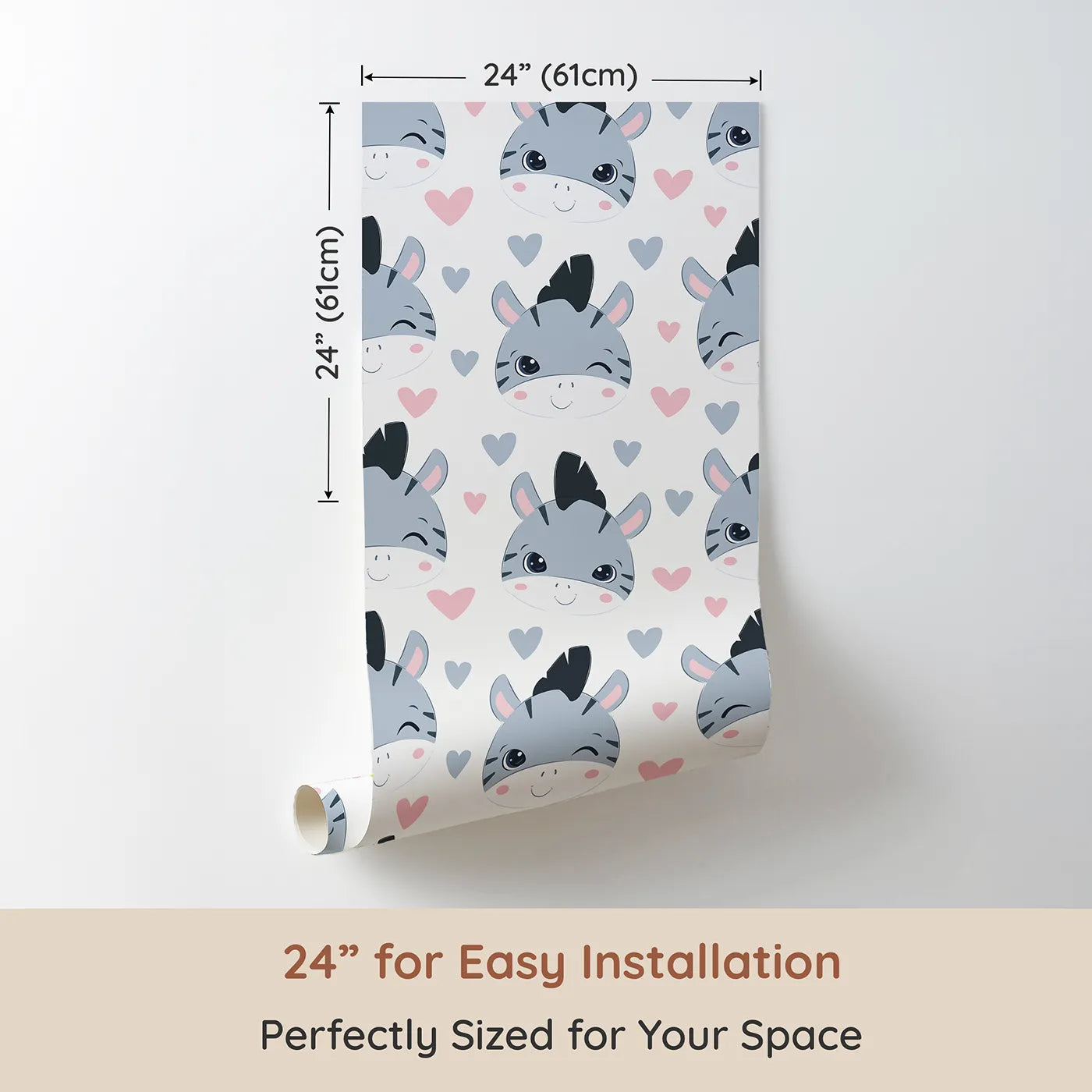 Dimension view of Whimsy Tots Zebra Snuggle Smiles Wallpaper in Pink (W3033A). Printed in 24-inch-wide panel for easy installation. Winking zebras and floating hearts create a world full of joy.