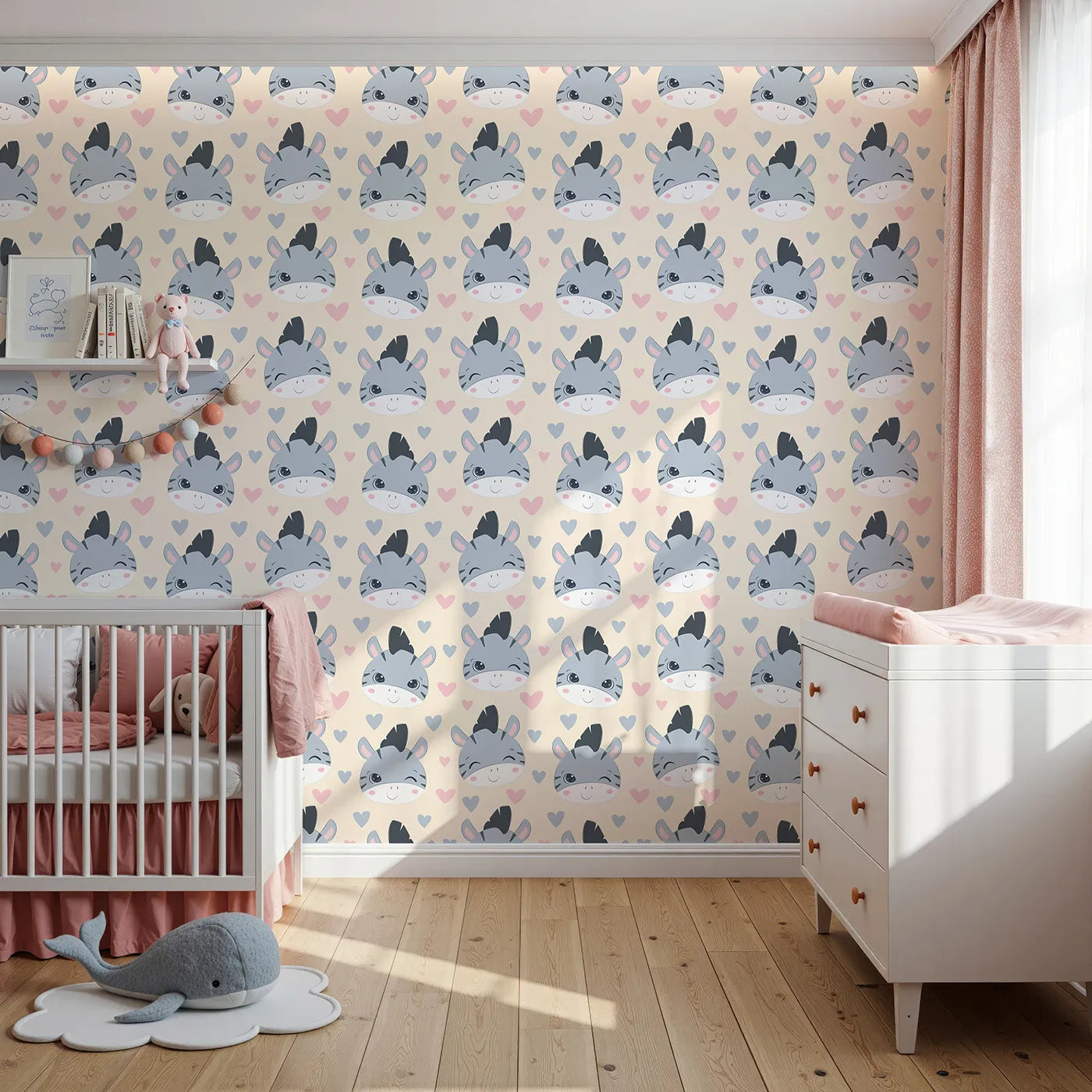 Front view of Whimsy Tots' Zebra Snuggle Smiles Wallpaper in Beige
