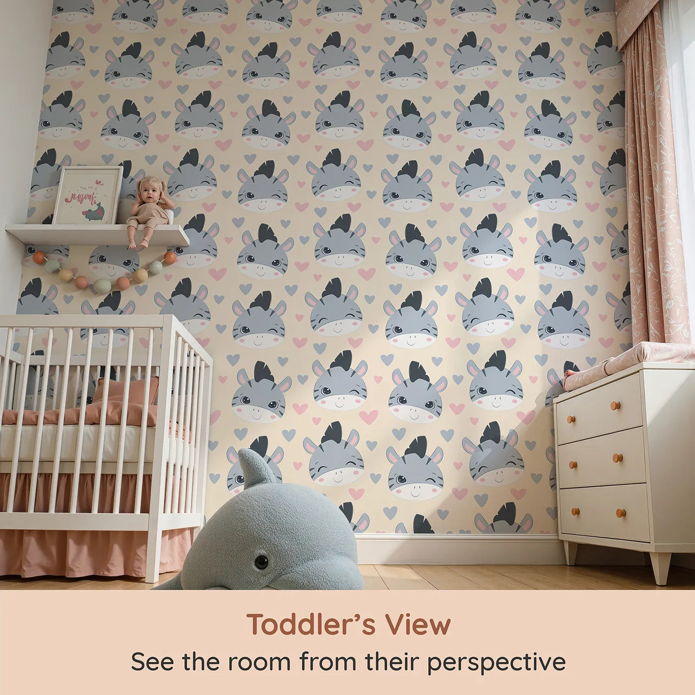 Whimsy Tots Zebra Snuggle Smiles Wallpaper in Beige (W3033C) from your child's view.Winking zebras and floating hearts create a world full of joy.