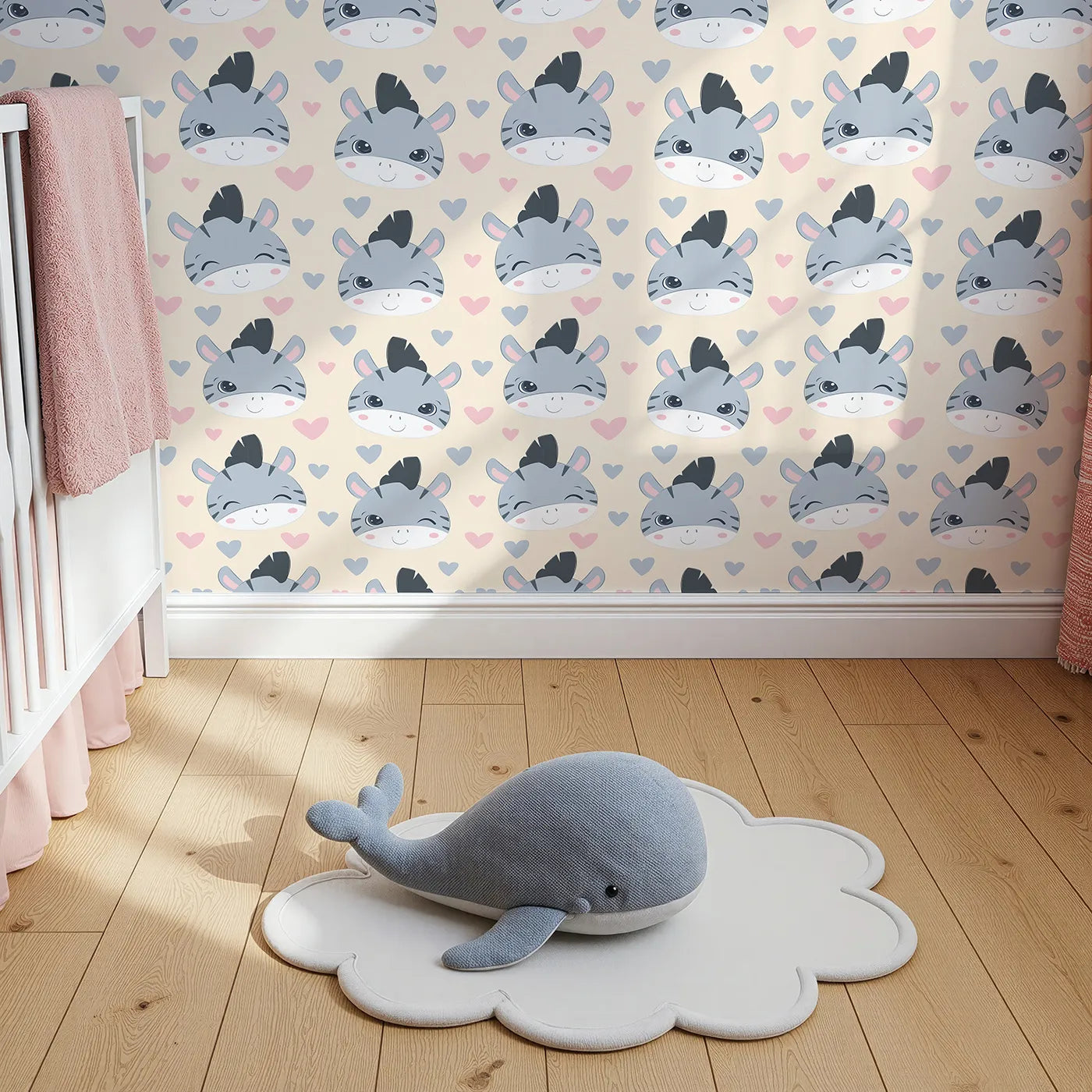 Top-Down view of Whimsy Tots' Zebra Snuggle Smiles Wallpaper in Beige (W3033C).Winking zebras and floating hearts create a world full of joy.