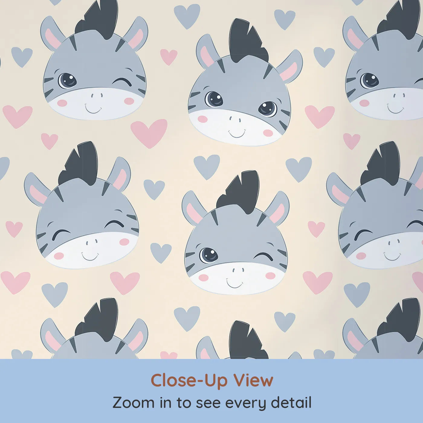 Close-up view of Whimsy Tots' Zebra Snuggle Smiles Wallpaper in Beige (W3033C).Winking zebras and floating hearts create a world full of joy.