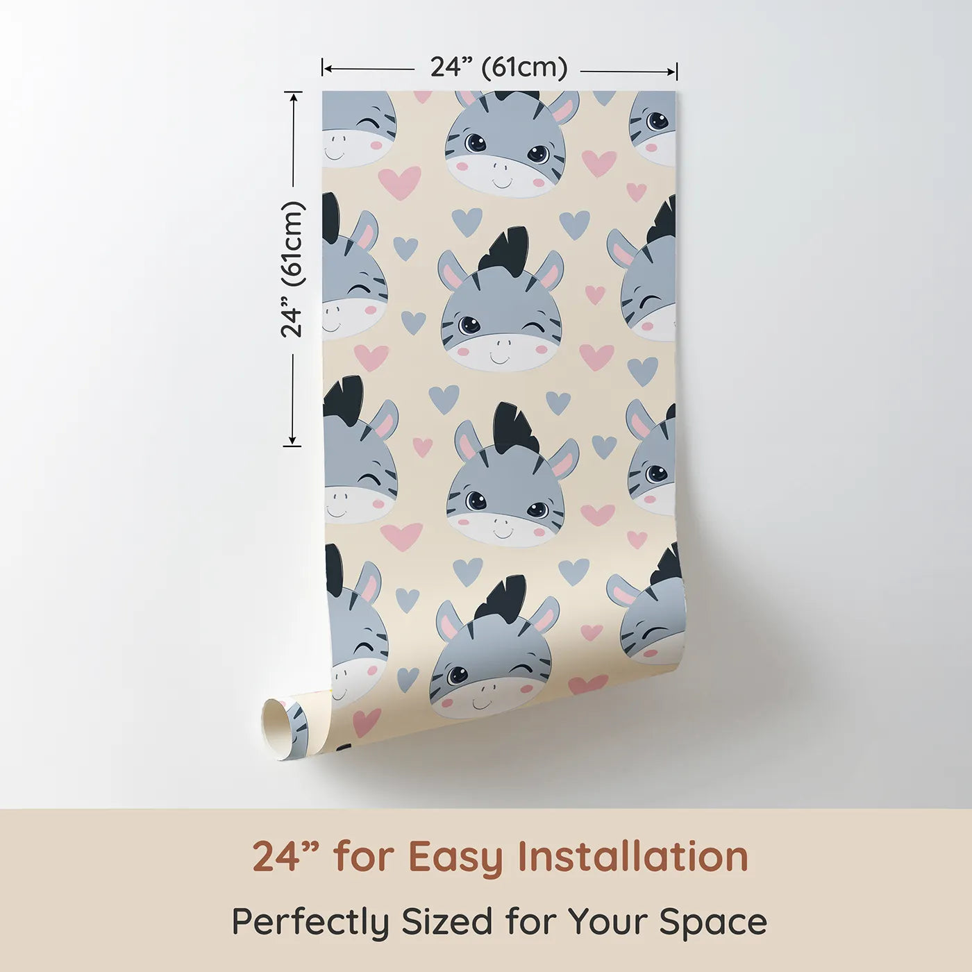 Dimension view of Whimsy Tots Zebra Snuggle Smiles Wallpaper in Beige (W3033C). Printed in 24-inch-wide panel for easy installation. Winking zebras and floating hearts create a world full of joy.