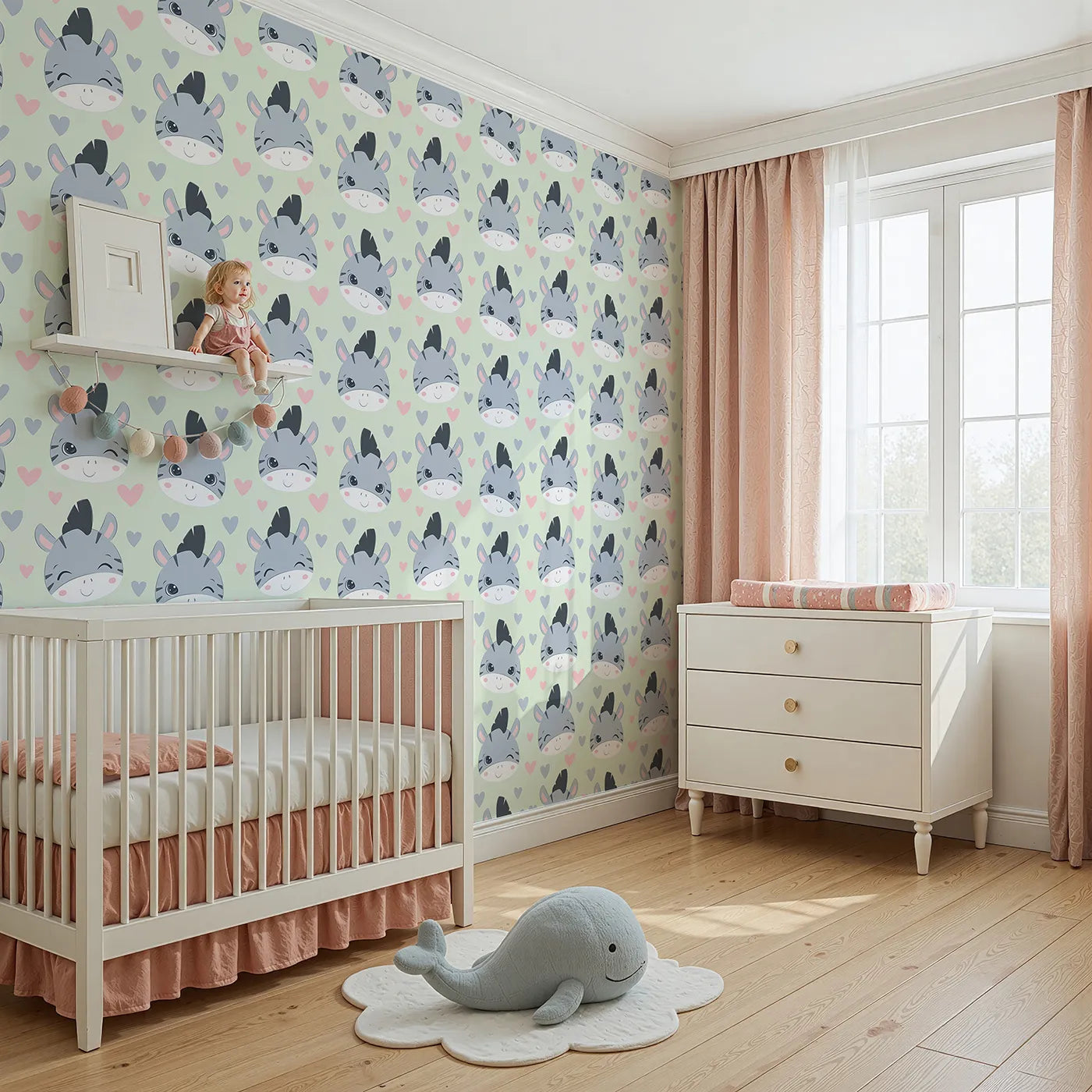 Angled view of Whimsy Tots' Zebra Snuggle Smiles Wallpaper in Green (W3033D).Winking zebras and floating hearts create a world full of joy.