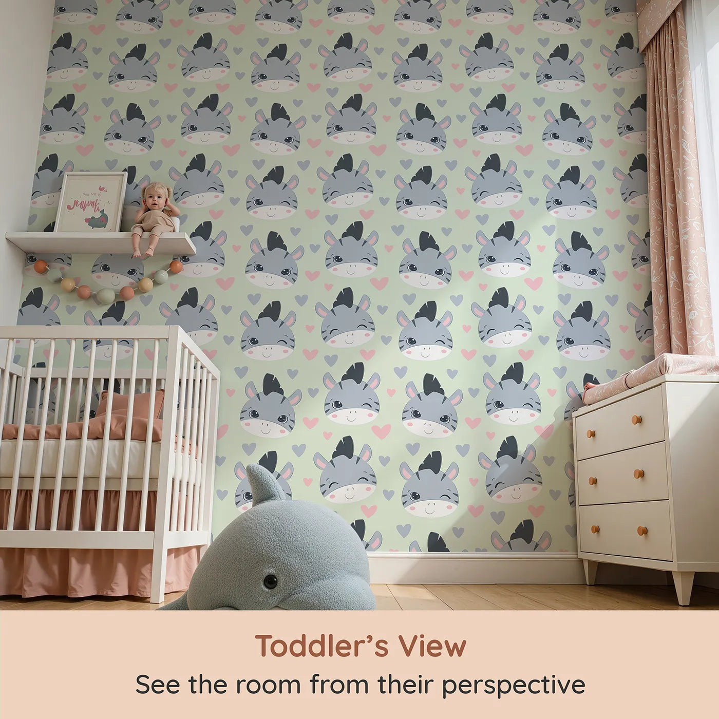 Whimsy Tots Zebra Snuggle Smiles Wallpaper in Green (W3033D) from your child's view.Winking zebras and floating hearts create a world full of joy.