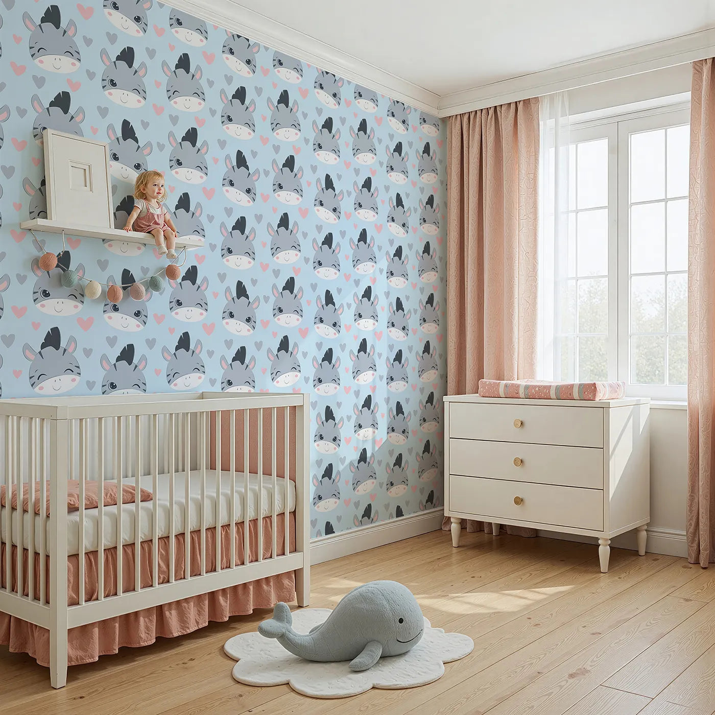 Angled view of Whimsy Tots' Zebra Snuggle Smiles Wallpaper in Blue (W3033E).Winking zebras and floating hearts create a world full of joy.