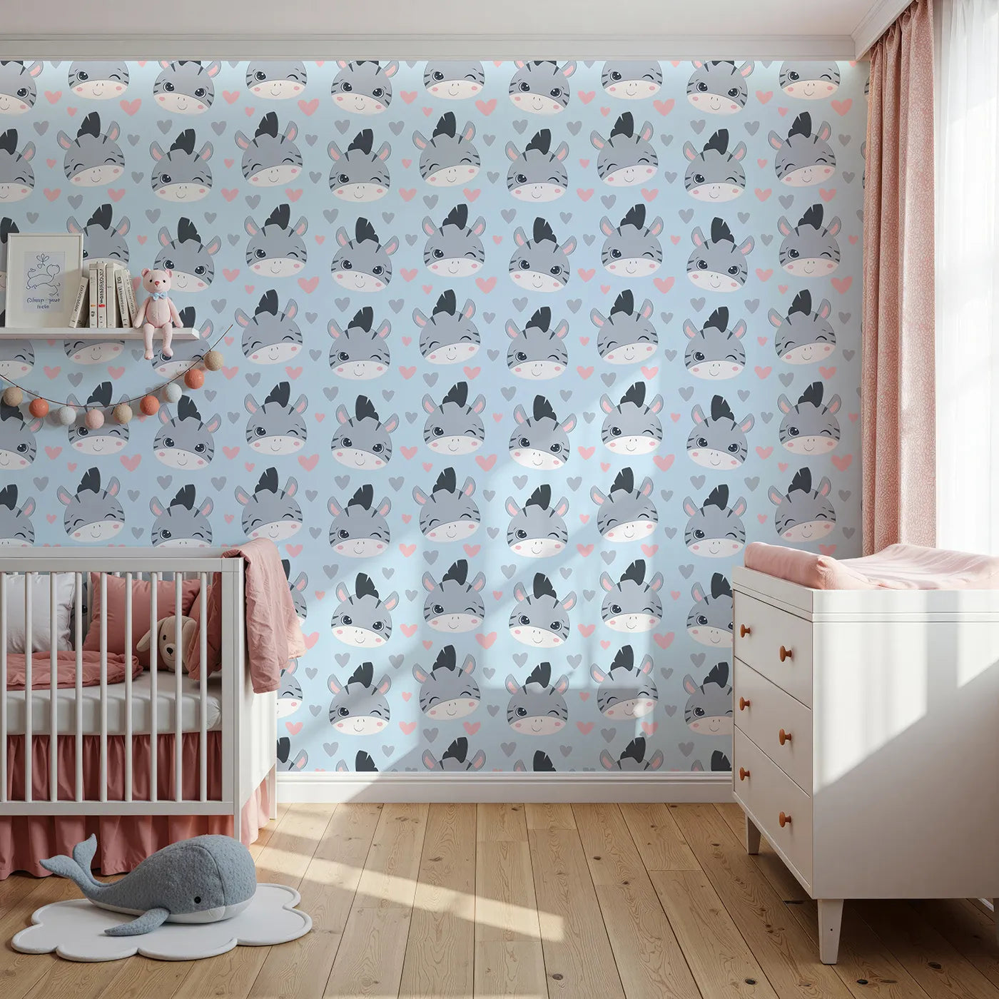 Front view of Whimsy Tots' Zebra Snuggle Smiles Wallpaper in Blue