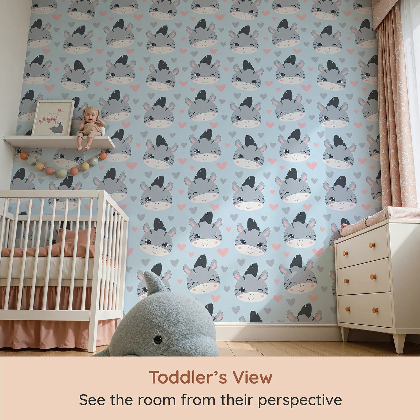 Whimsy Tots Zebra Snuggle Smiles Wallpaper in Blue (W3033E) from your child's view.Winking zebras and floating hearts create a world full of joy.