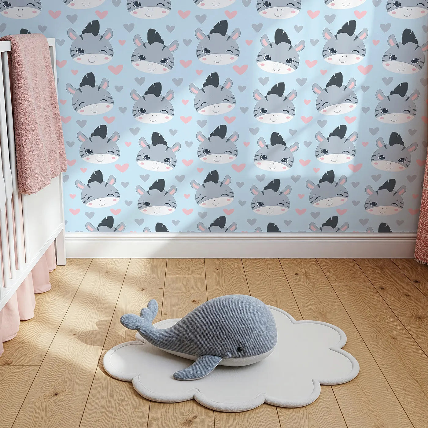 Top-Down view of Whimsy Tots' Zebra Snuggle Smiles Wallpaper in Blue (W3033E).Winking zebras and floating hearts create a world full of joy.