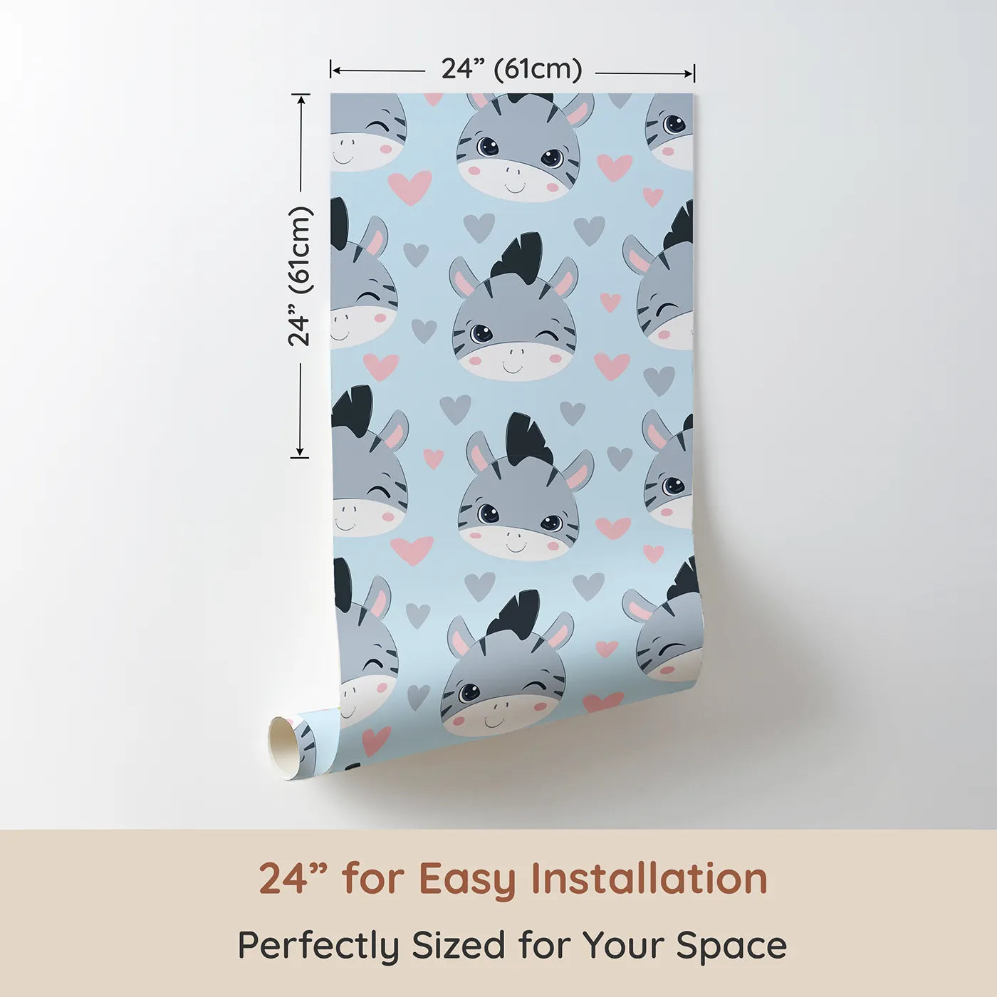 Dimension view of Whimsy Tots Zebra Snuggle Smiles Wallpaper in Blue (W3033E). Printed in 24-inch-wide panel for easy installation. Winking zebras and floating hearts create a world full of joy.