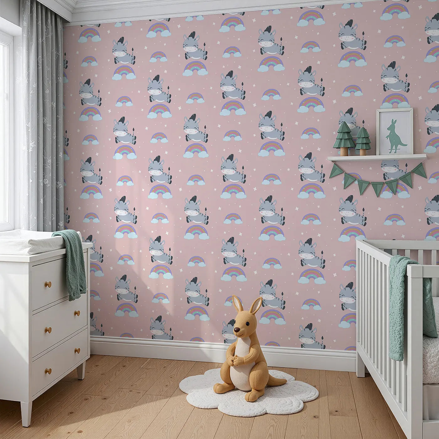 Angled view of Whimsy Tots' Rainbow Dreamy Zebra Wallpaper in Pink (W3034B).Smiling zebras leap across rainbows in a magical bedtime sky.