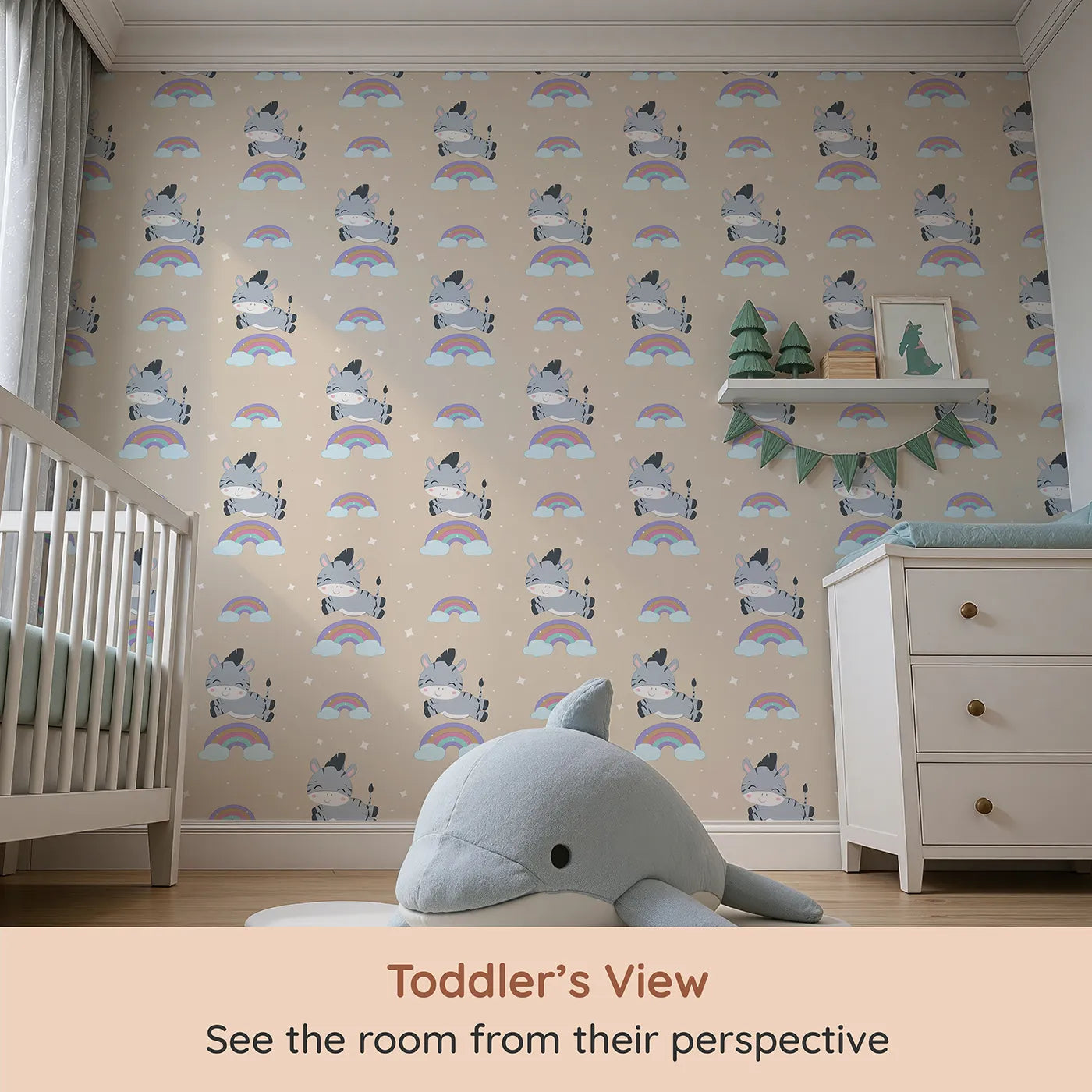 Whimsy Tots Rainbow Dreamy Zebra Wallpaper in Beige (W3034C) from your child's view.Smiling zebras leap across rainbows in a magical bedtime sky.