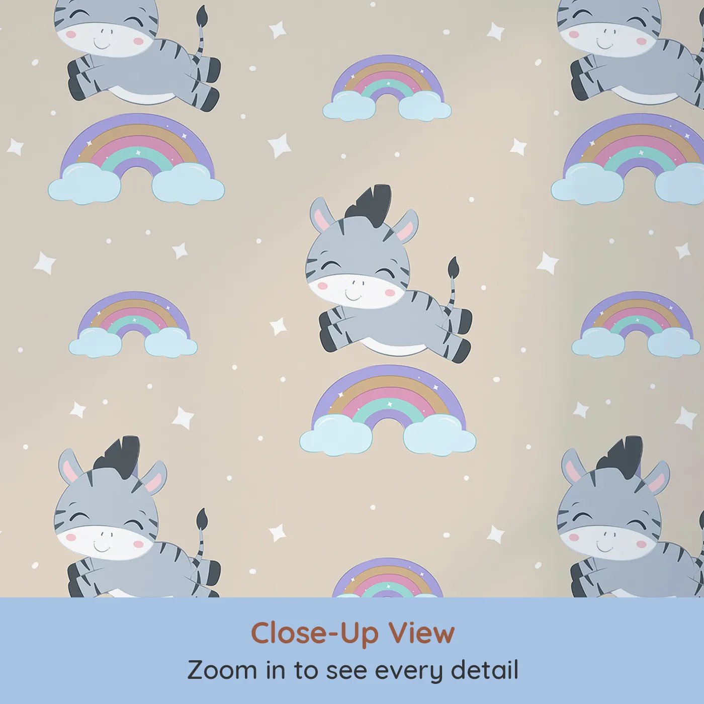 Close-up view of Whimsy Tots' Rainbow Dreamy Zebra Wallpaper in Beige (W3034C).Smiling zebras leap across rainbows in a magical bedtime sky.