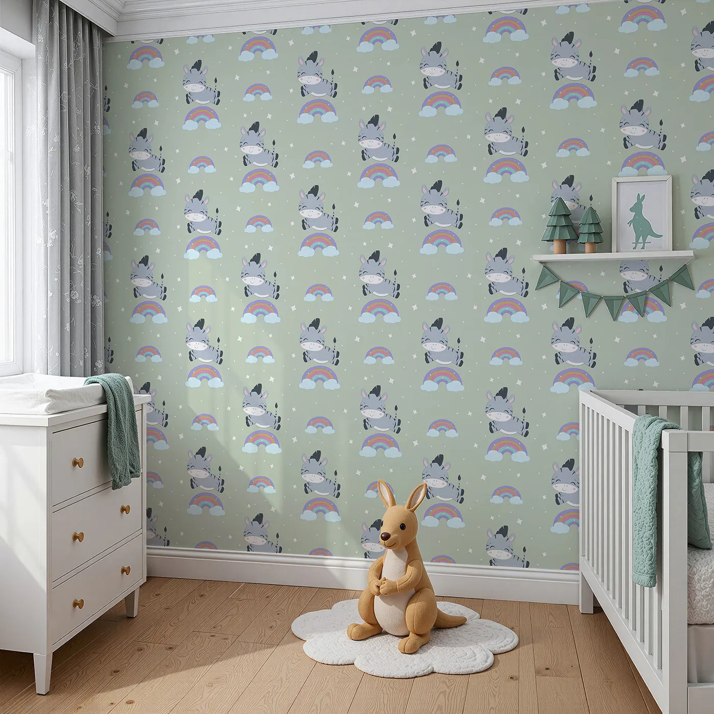 Angled view of Whimsy Tots' Rainbow Dreamy Zebra Wallpaper in Green (W3034D).Smiling zebras leap across rainbows in a magical bedtime sky.