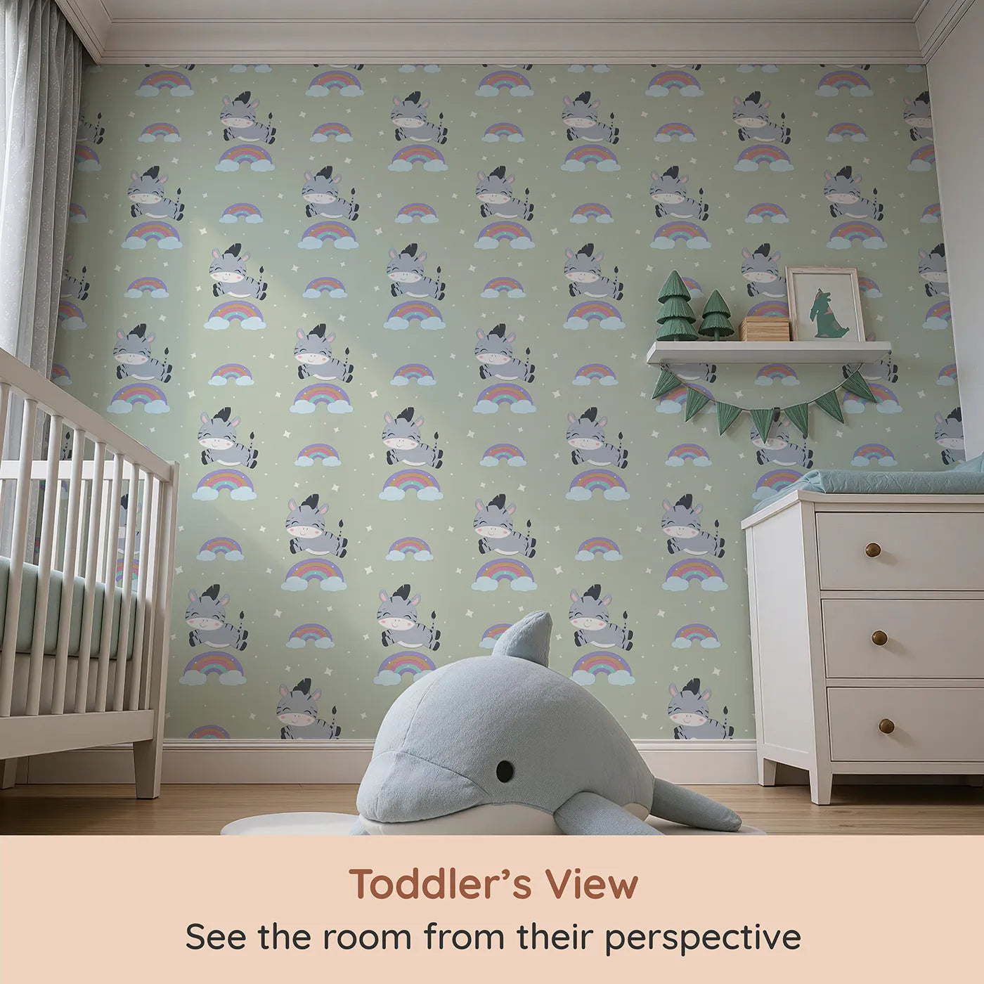 Whimsy Tots Rainbow Dreamy Zebra Wallpaper in Green (W3034D) from your child's view.Smiling zebras leap across rainbows in a magical bedtime sky.