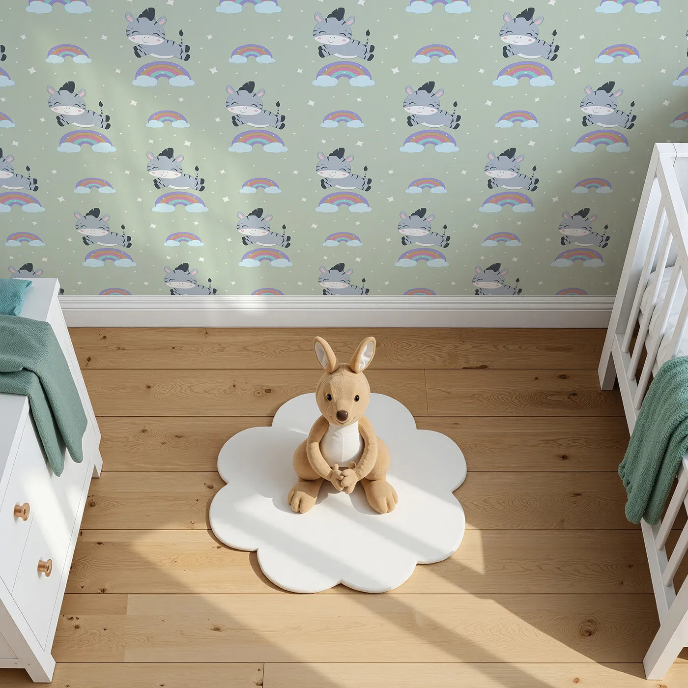 Top-Down view of Whimsy Tots' Rainbow Dreamy Zebra Wallpaper in Green (W3034D).Smiling zebras leap across rainbows in a magical bedtime sky.
