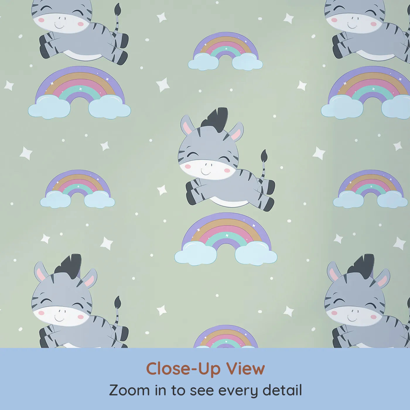 Close-up view of Whimsy Tots' Rainbow Dreamy Zebra Wallpaper in Green (W3034D).Smiling zebras leap across rainbows in a magical bedtime sky.