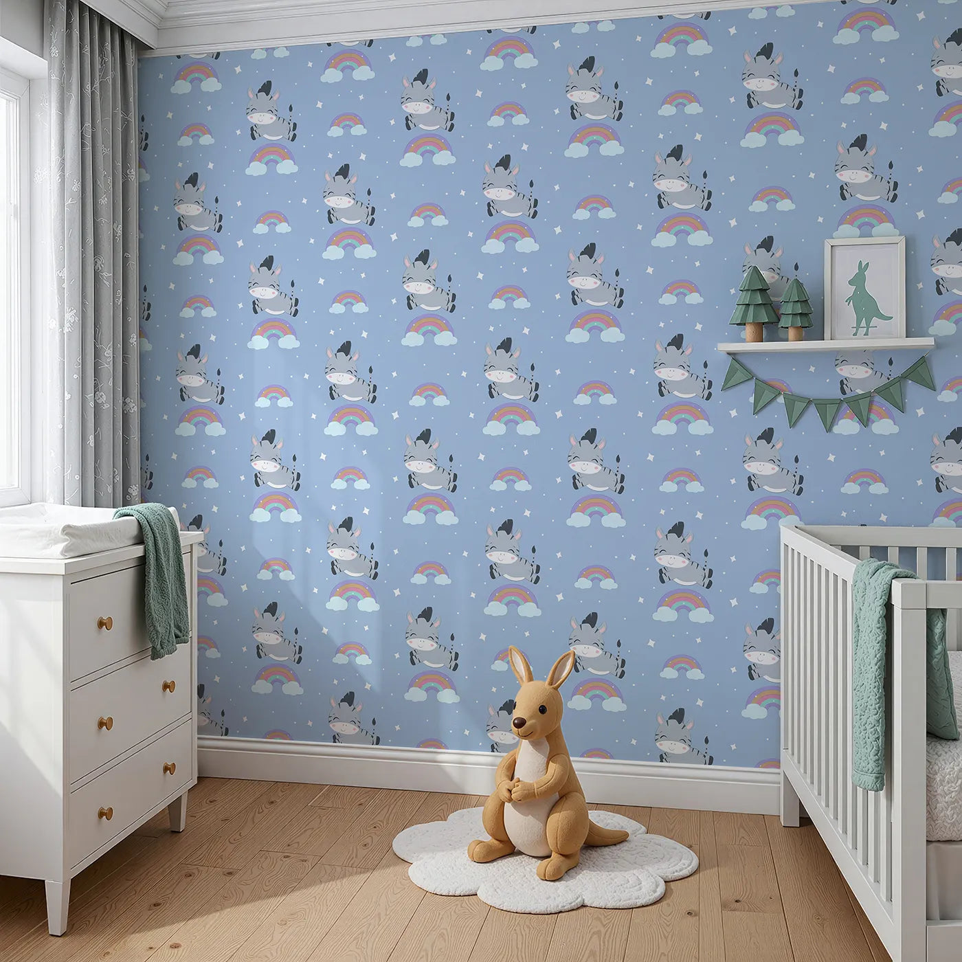 Angled view of Whimsy Tots' Rainbow Dreamy Zebra Wallpaper in Blue (W3034E).Smiling zebras leap across rainbows in a magical bedtime sky.