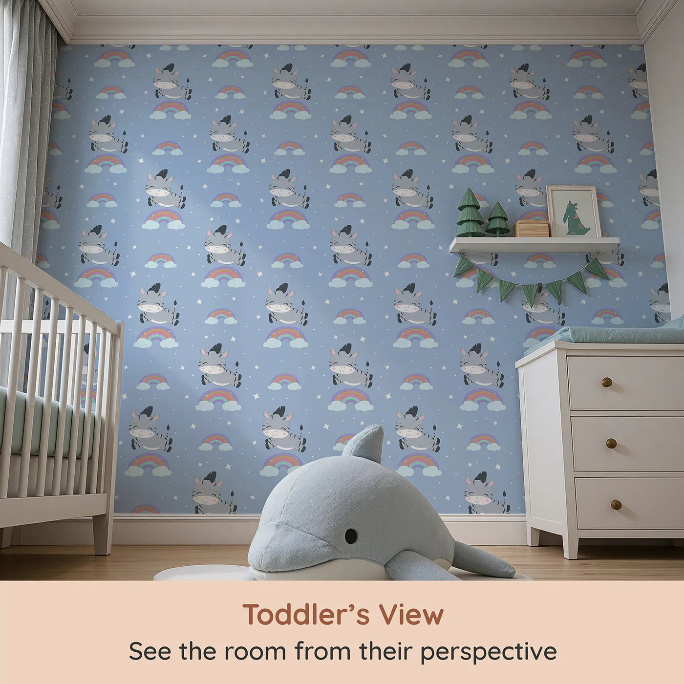 Whimsy Tots Rainbow Dreamy Zebra Wallpaper in Blue (W3034E) from your child's view.Smiling zebras leap across rainbows in a magical bedtime sky.