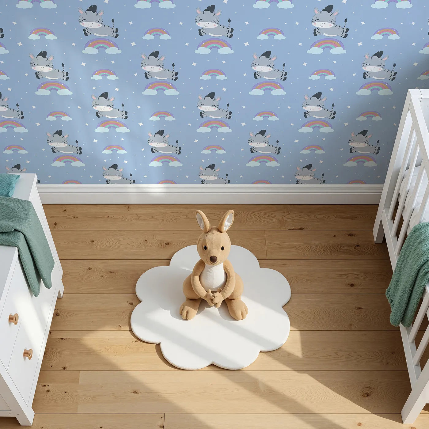 Top-Down view of Whimsy Tots' Rainbow Dreamy Zebra Wallpaper in Blue (W3034E).Smiling zebras leap across rainbows in a magical bedtime sky.