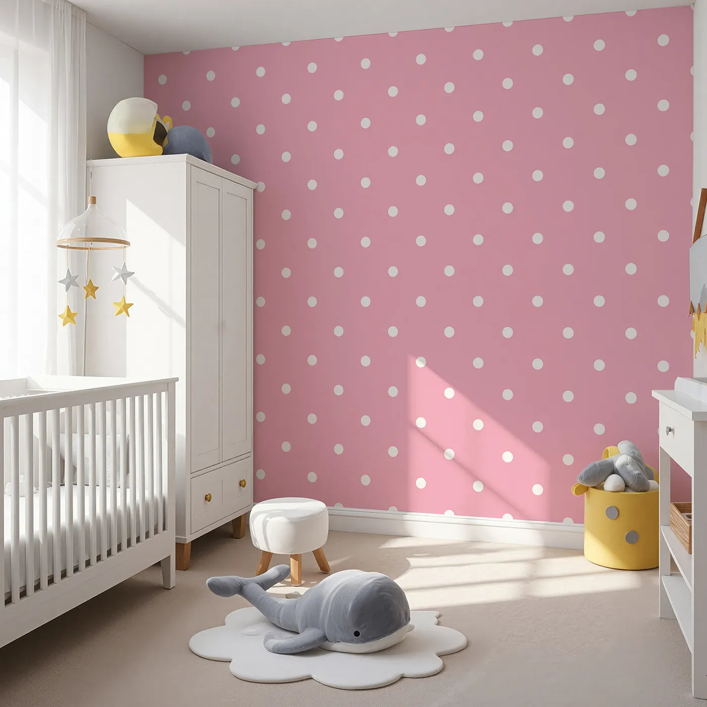 Angled view of Whimsy Tots' Polka Dot Whimsy Wallpaper in Pink (W3035A).A soft shower of white dots brings cheerful charm to every wall.